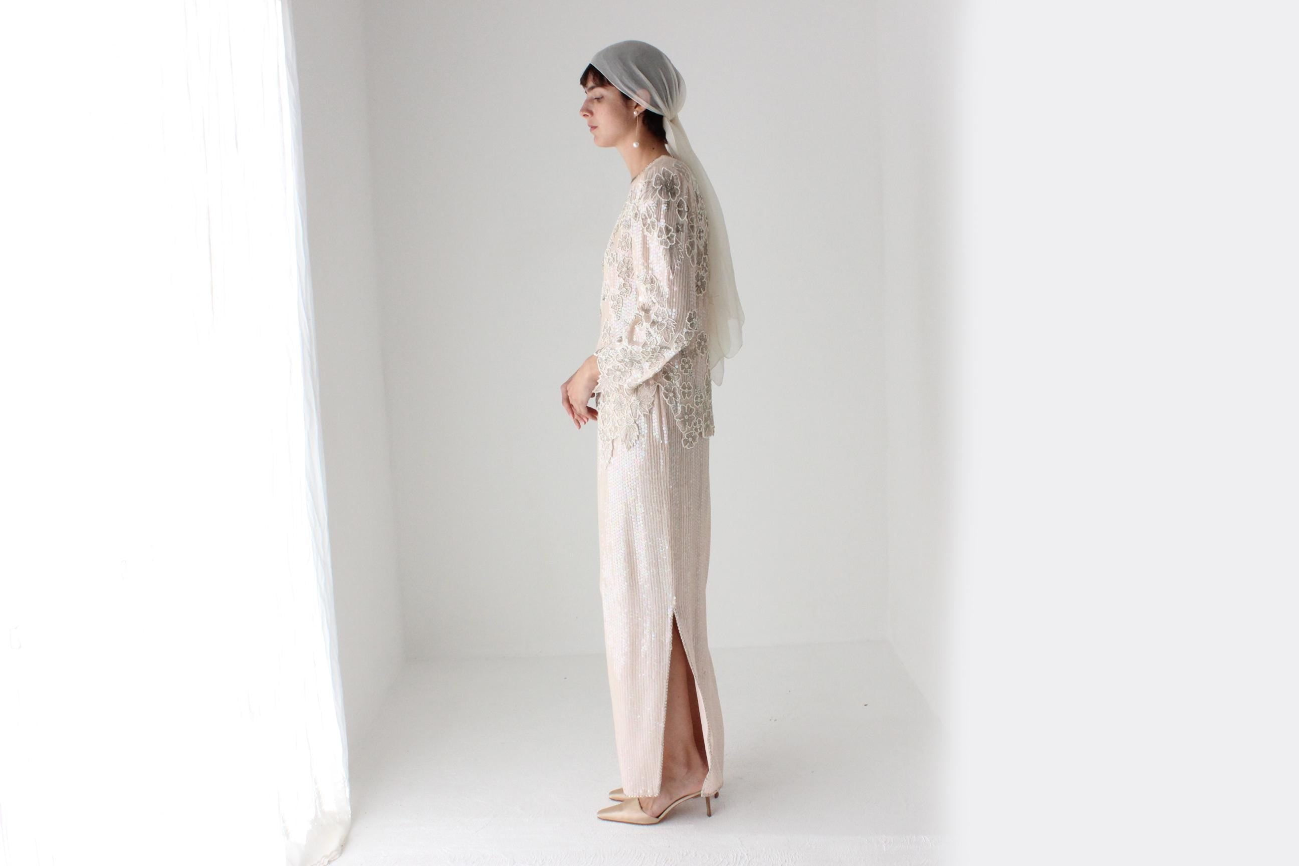 80s Pastel Sequin + Silk Long Sleeve Top & Maxi Skirt Disco Set