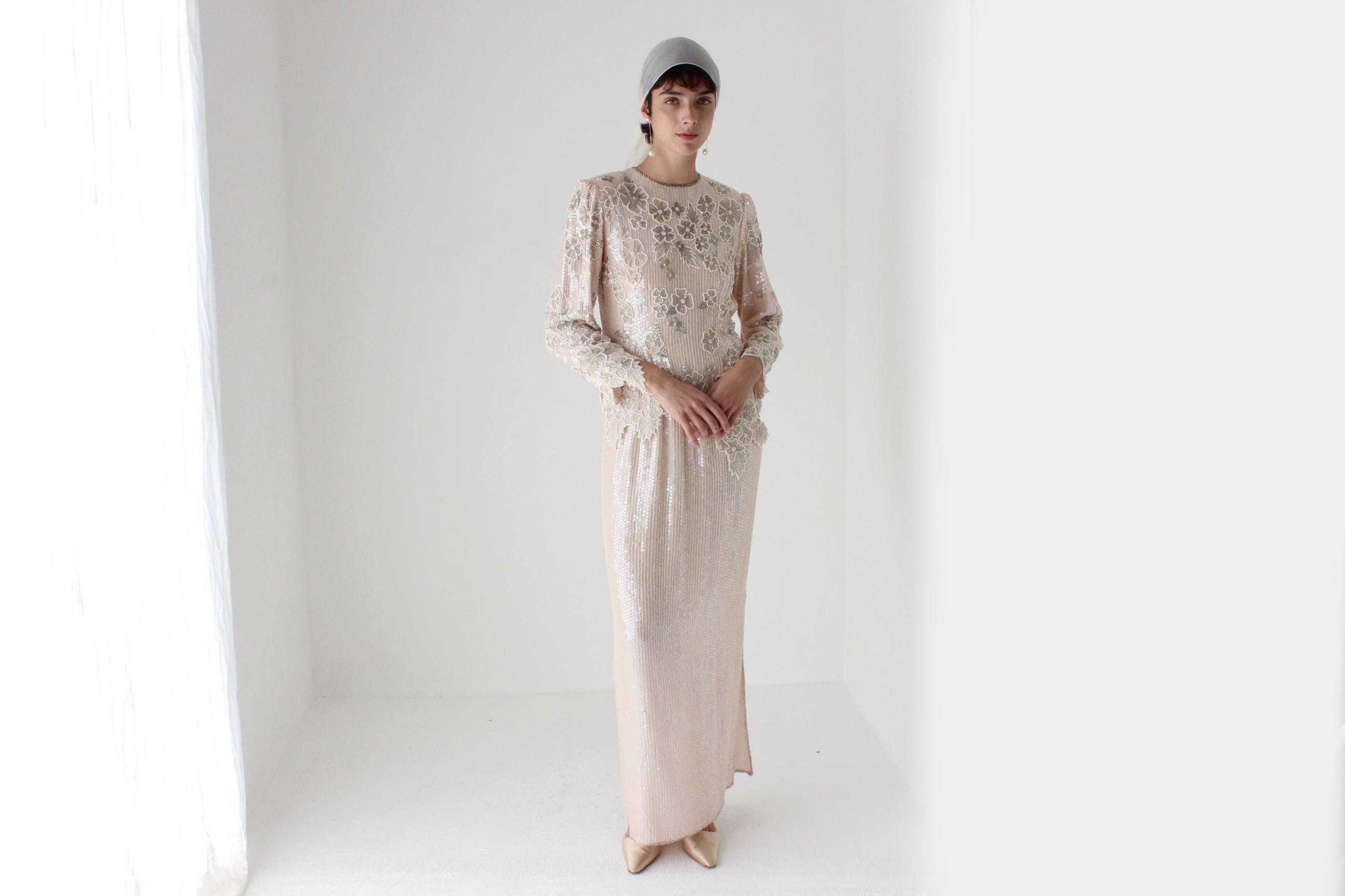 80s Pastel Sequin + Silk Long Sleeve Top & Maxi Skirt Disco Set