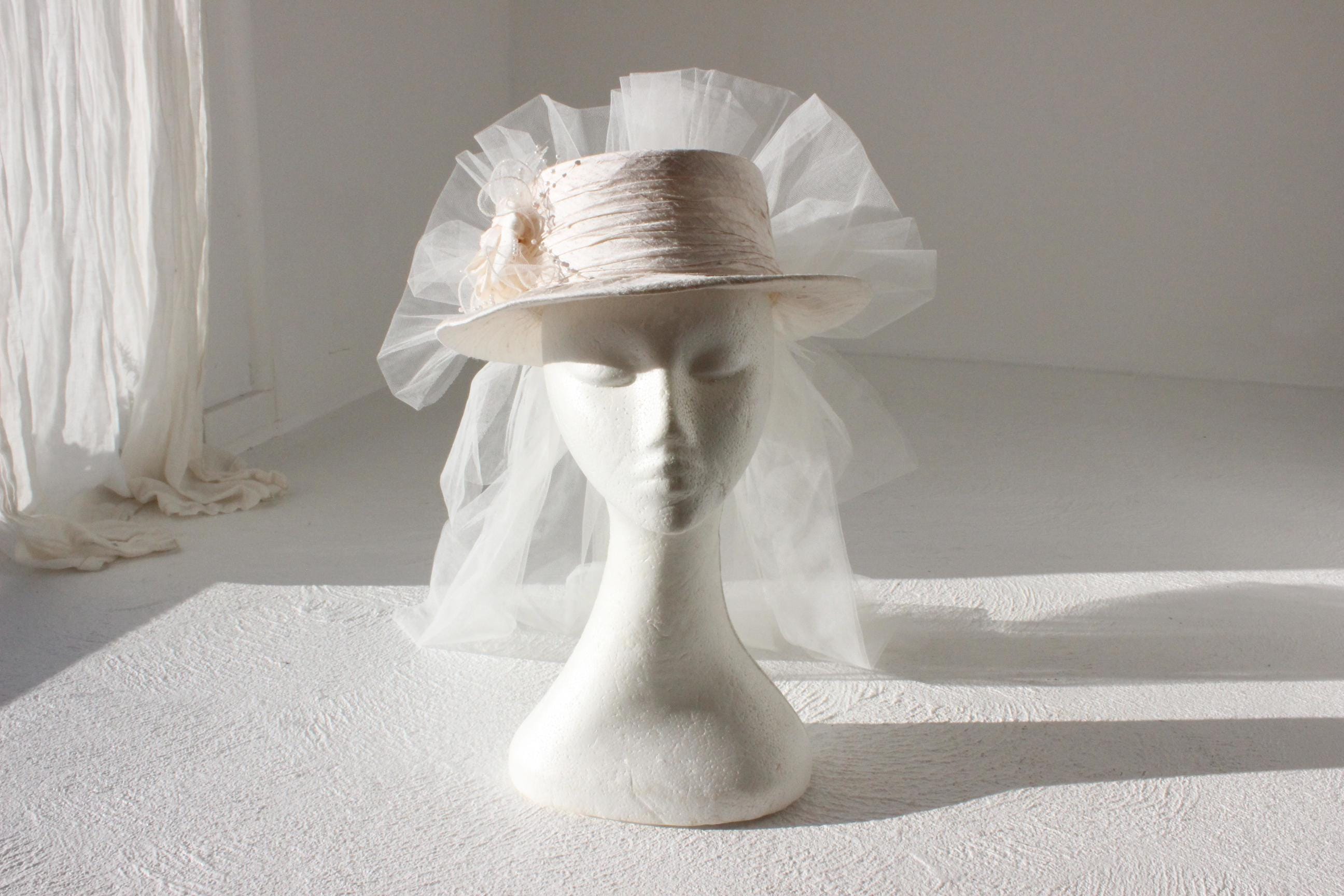 80s Silk Bridal Hat w/ Tulle Veil by Cupid's Millinery