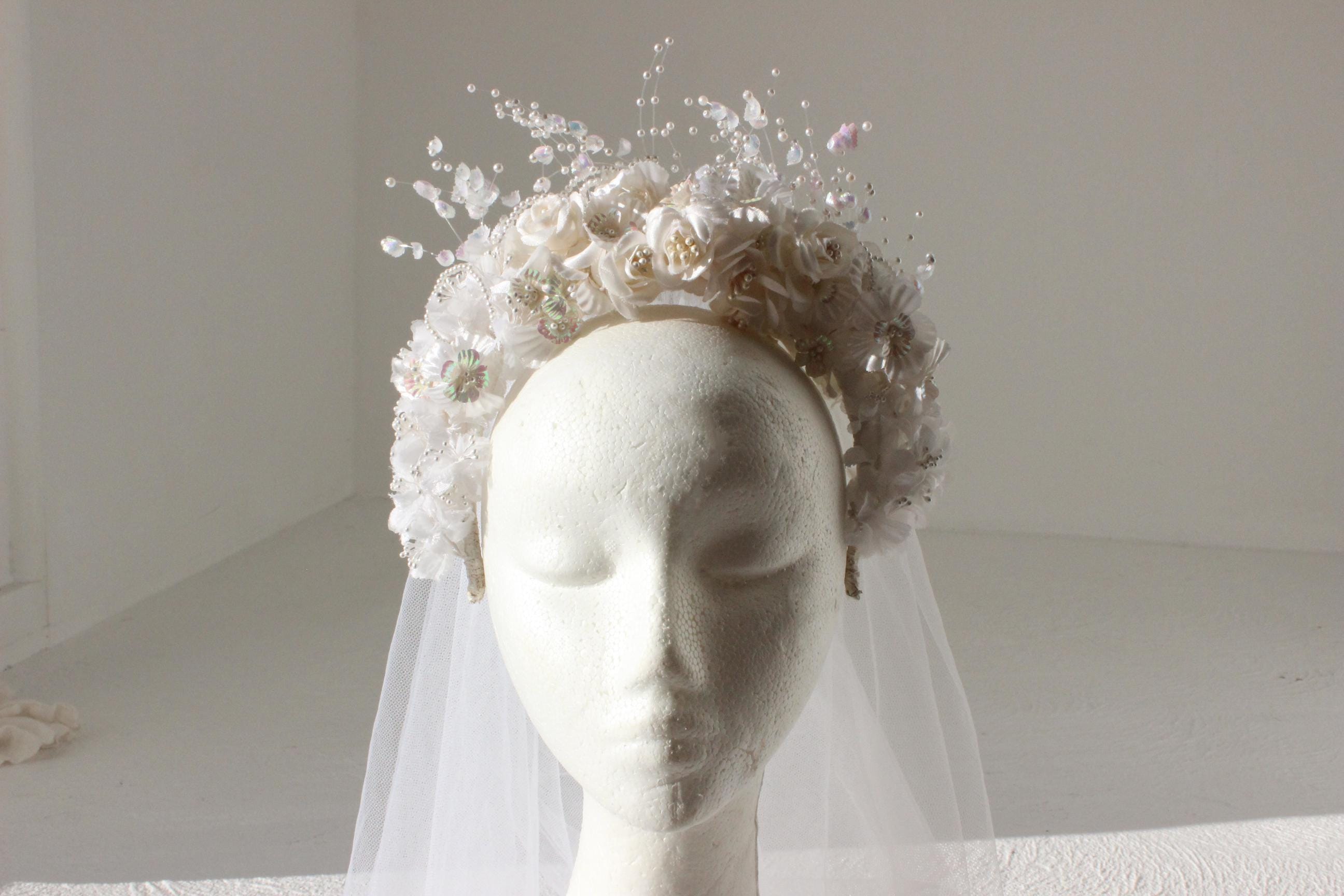 80s Bridal Crown w/ Trailing Tulle Veil
