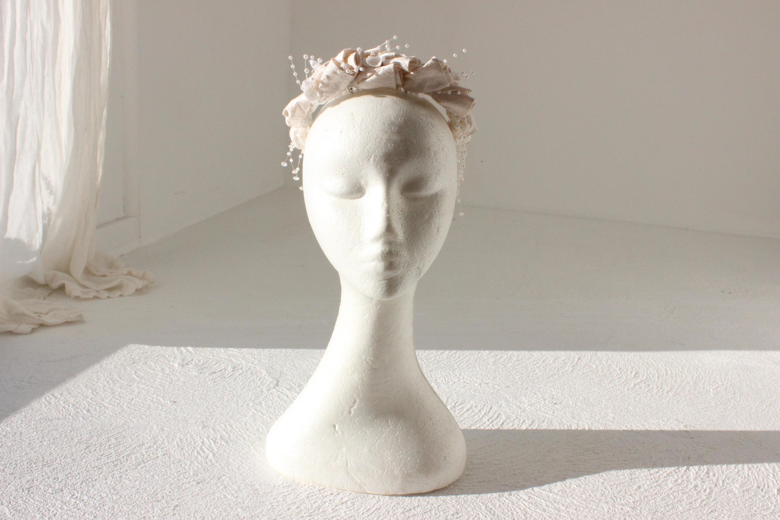 80s Raw Silk Rosette & Pearl Crown