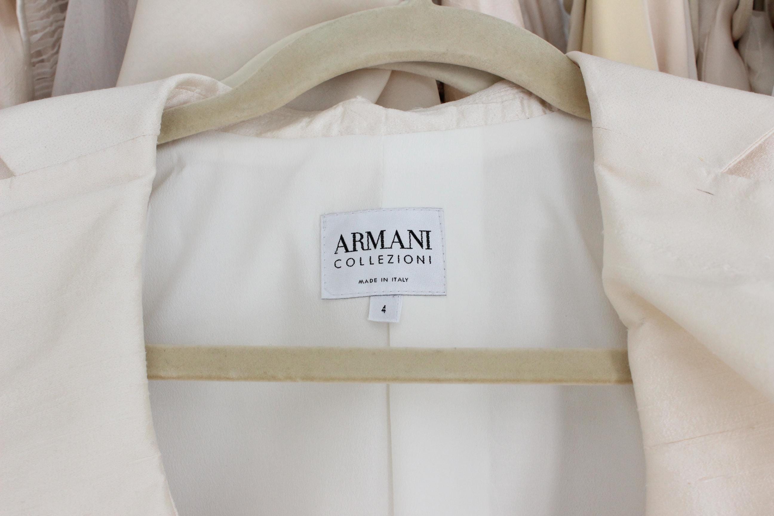 2000s Armani Collezioni Ivory Raw Silk Two Piece Ruffle Collar Skirt Suit