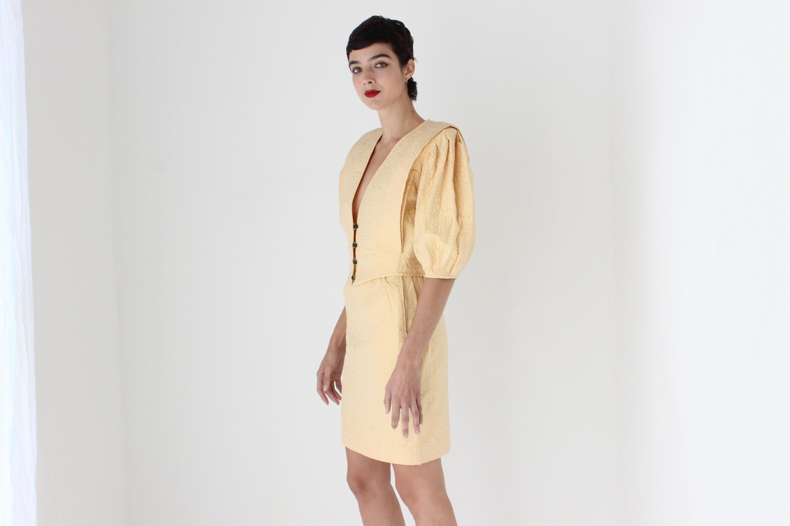 80s Emanuel Ungaro Quilted Silk Two Piece Skirt & Puff Top Set