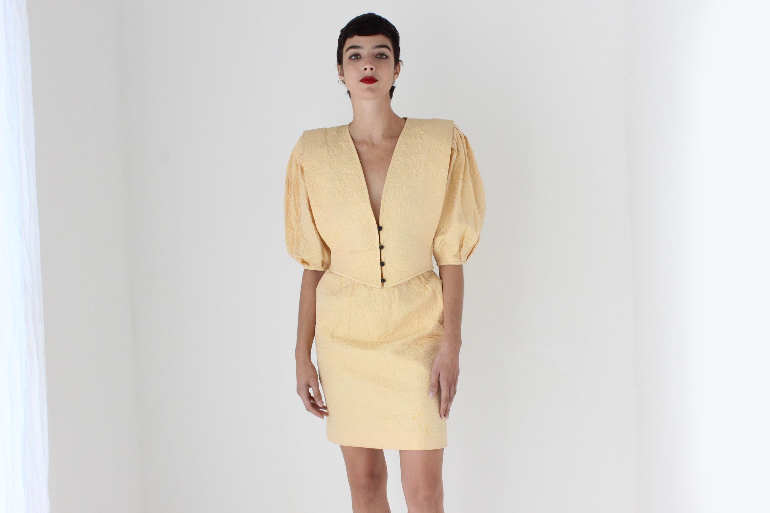 80s Emanuel Ungaro Quilted Silk Two Piece Skirt & Puff Top Set