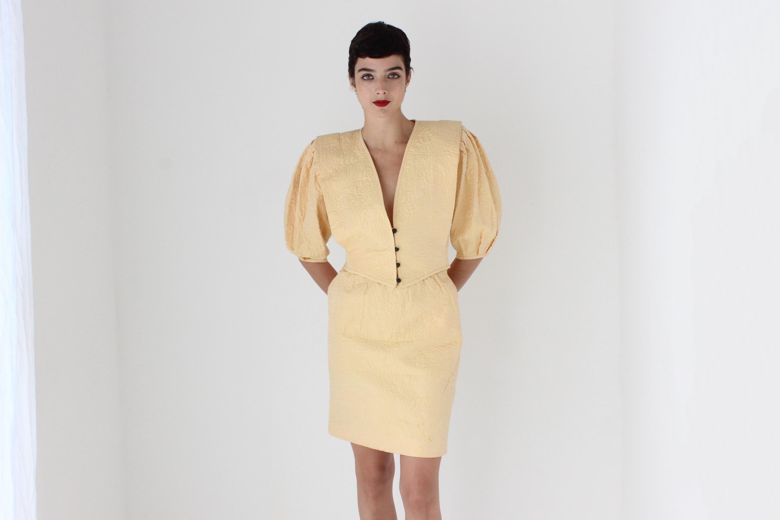 80s Emanuel Ungaro Quilted Silk Two Piece Skirt & Puff Top Set