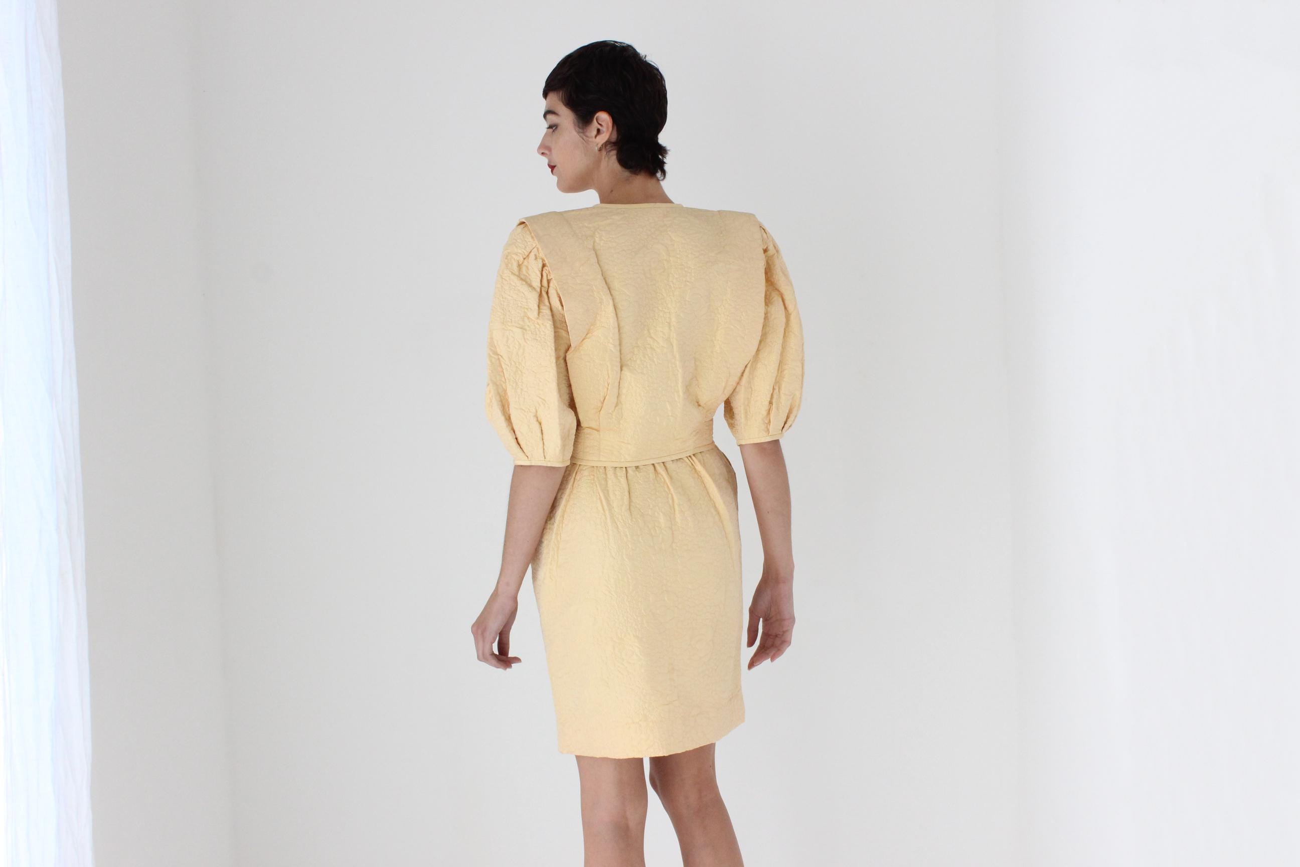 80s Emanuel Ungaro Quilted Silk Two Piece Skirt & Puff Top Set