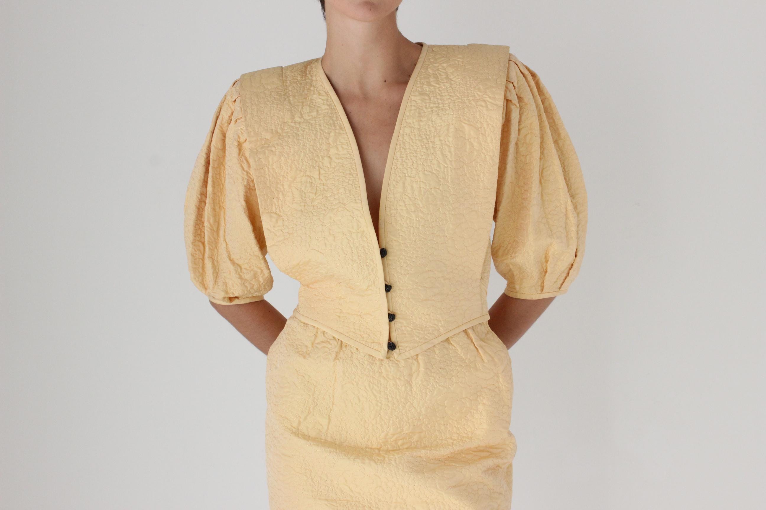 80s Emanuel Ungaro Quilted Silk Two Piece Skirt & Puff Top Set