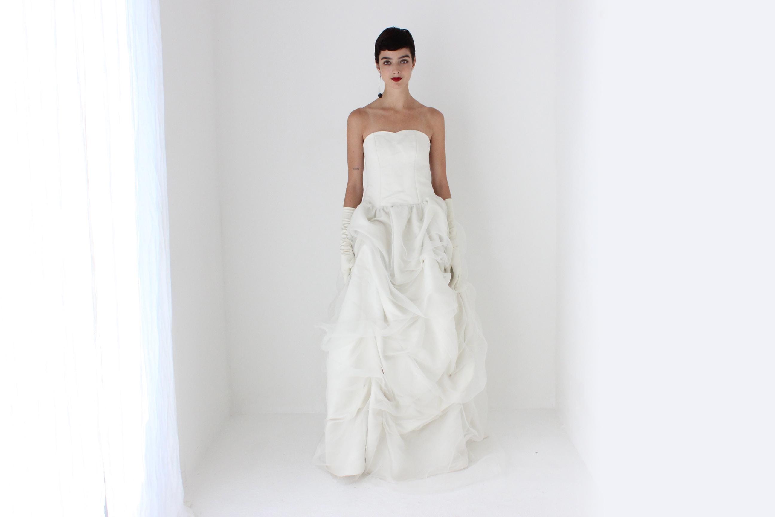 90s Off White Strapless Gown w/ Textural Organza Skirt