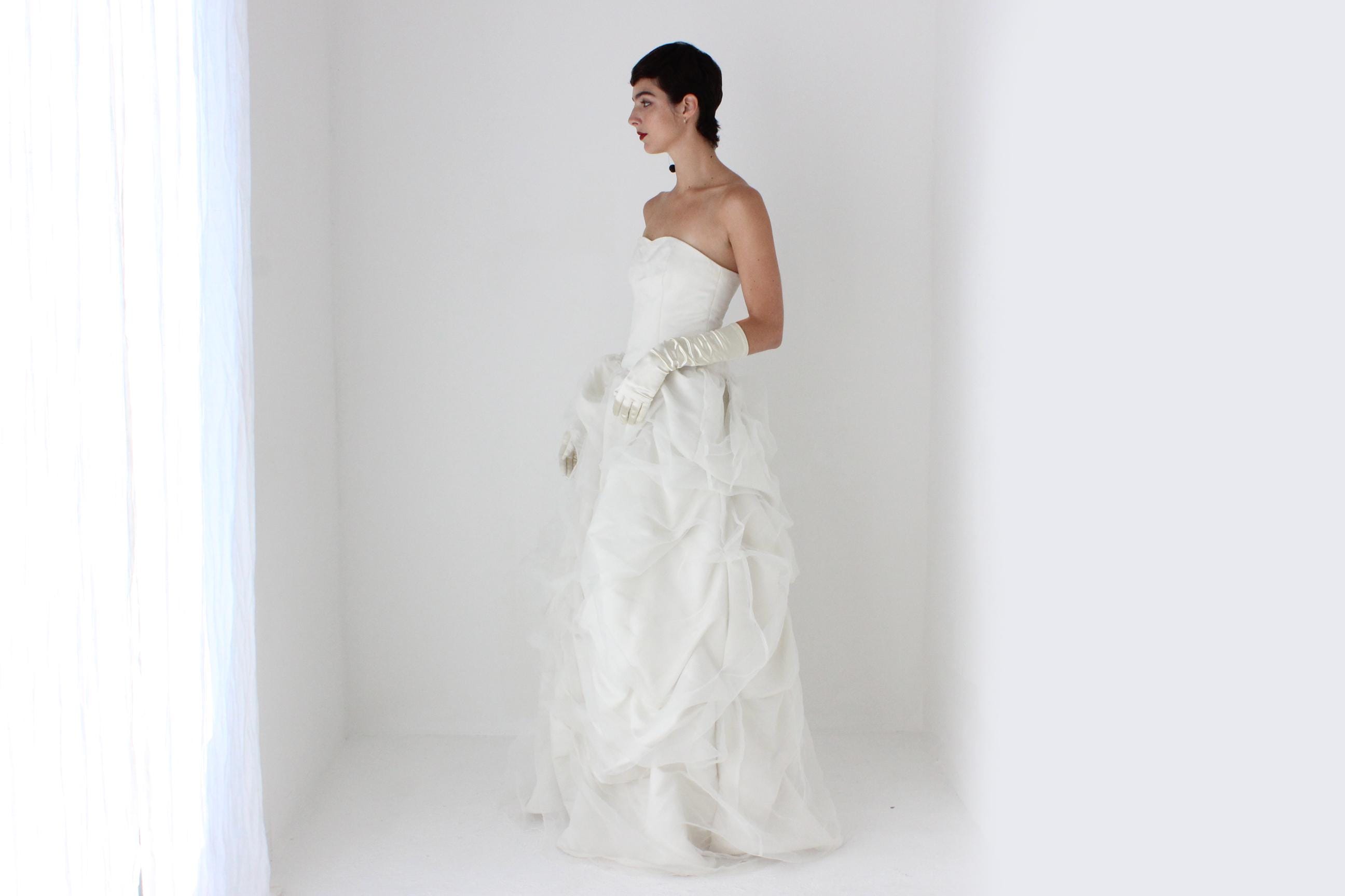 90s Off White Strapless Gown w/ Textural Organza Skirt