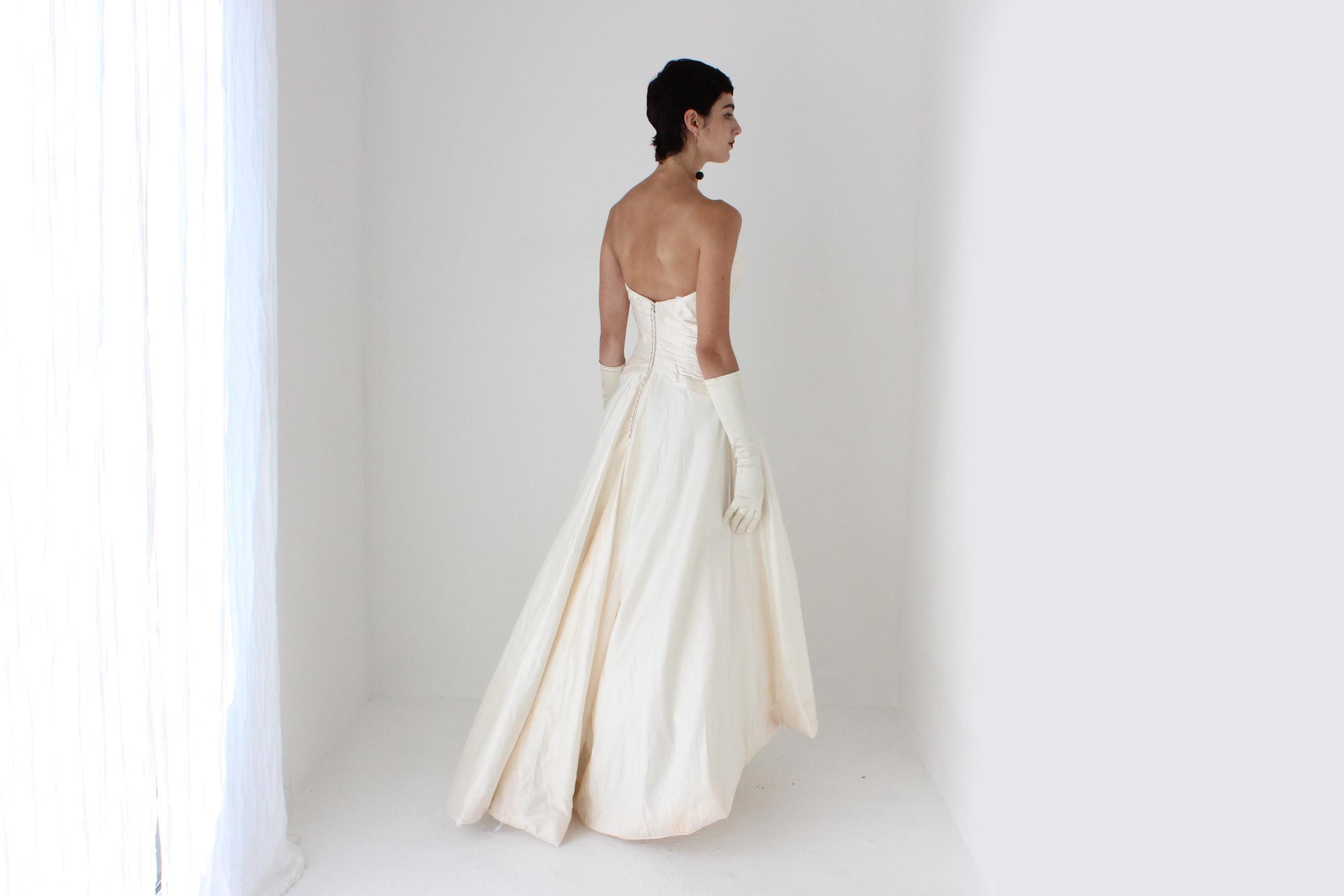 2000s Customised Silk Taffeta Strapless Drop Waist / Bubble Hem Gown
