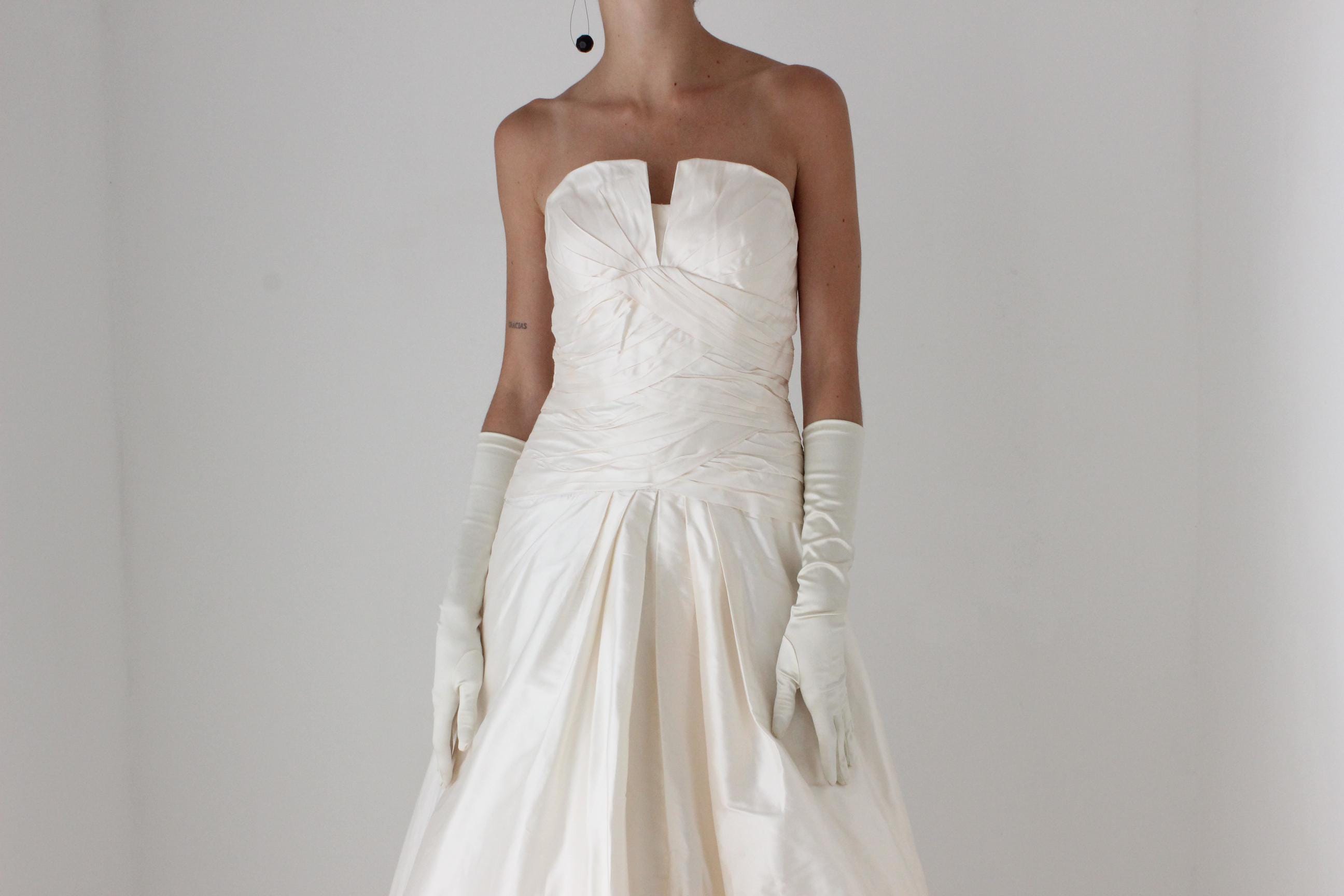 2000s Customised Silk Taffeta Strapless Drop Waist / Bubble Hem Gown