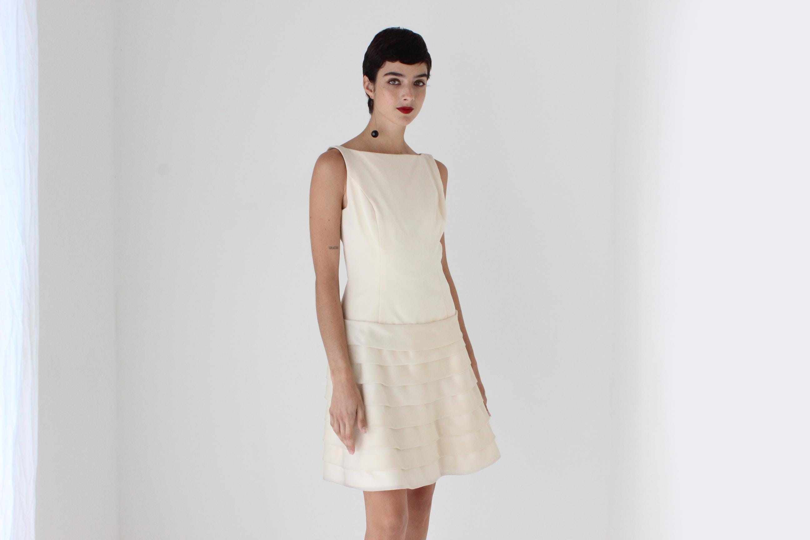 90s Elegant Silk High Neck Drop Waist A Line Dress w/ Tiered Organza Skirt