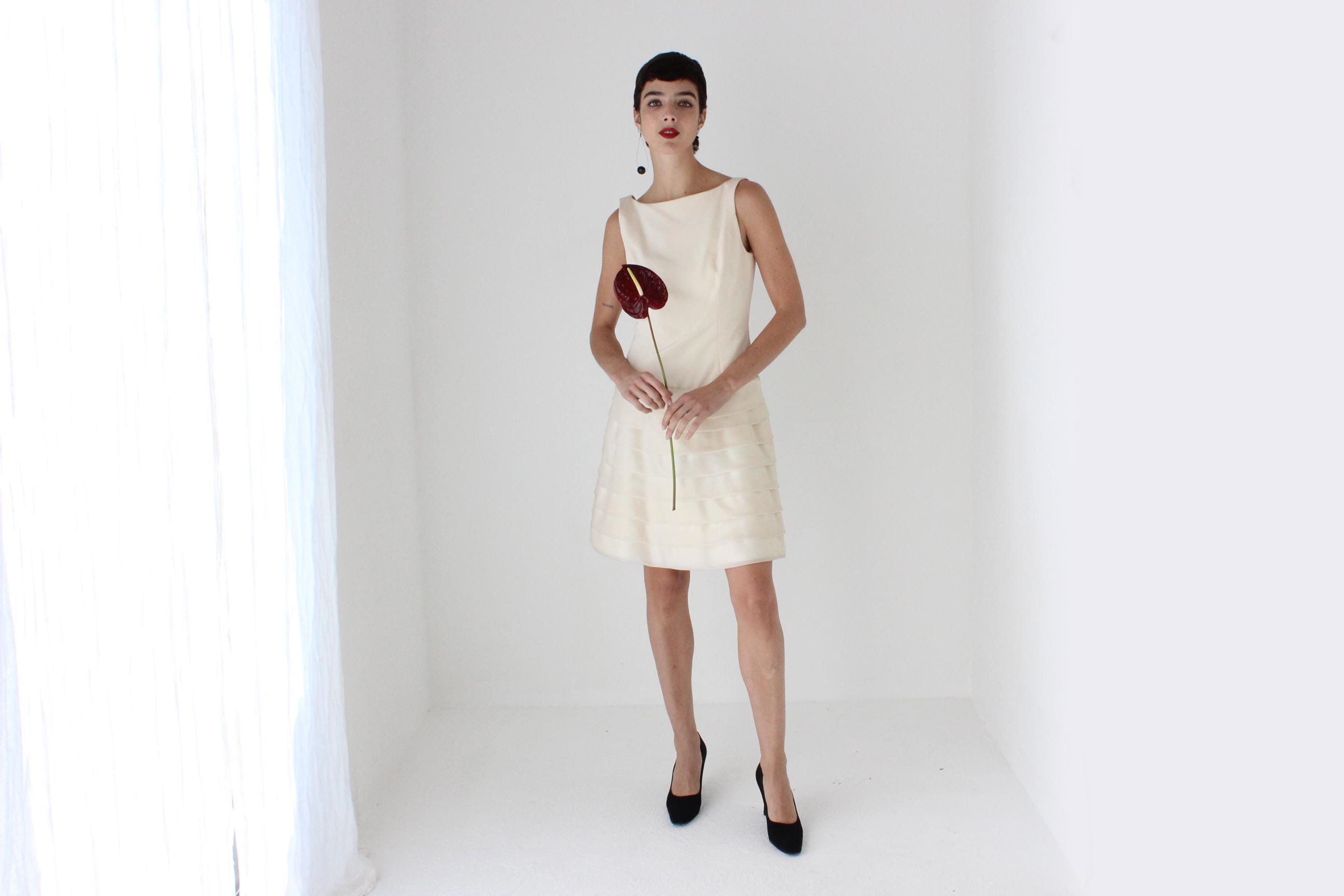 90s Elegant Silk High Neck Drop Waist A Line Dress w/ Tiered Organza Skirt
