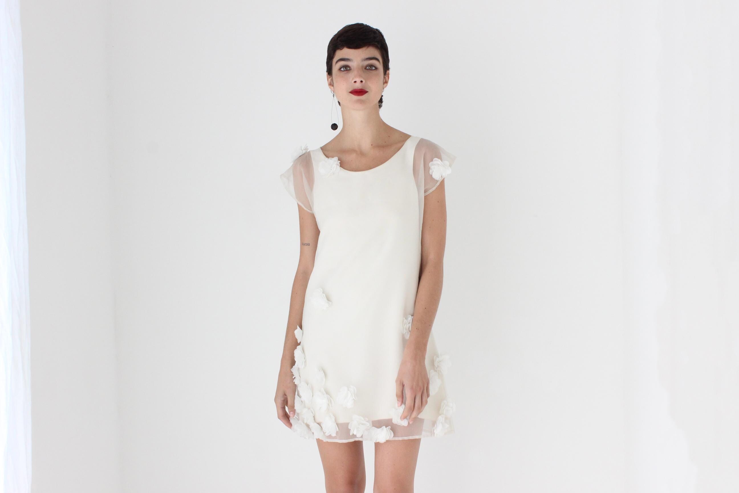 Custom Made 90s Silk Organza Mini Dress w/ Handmade Flowers