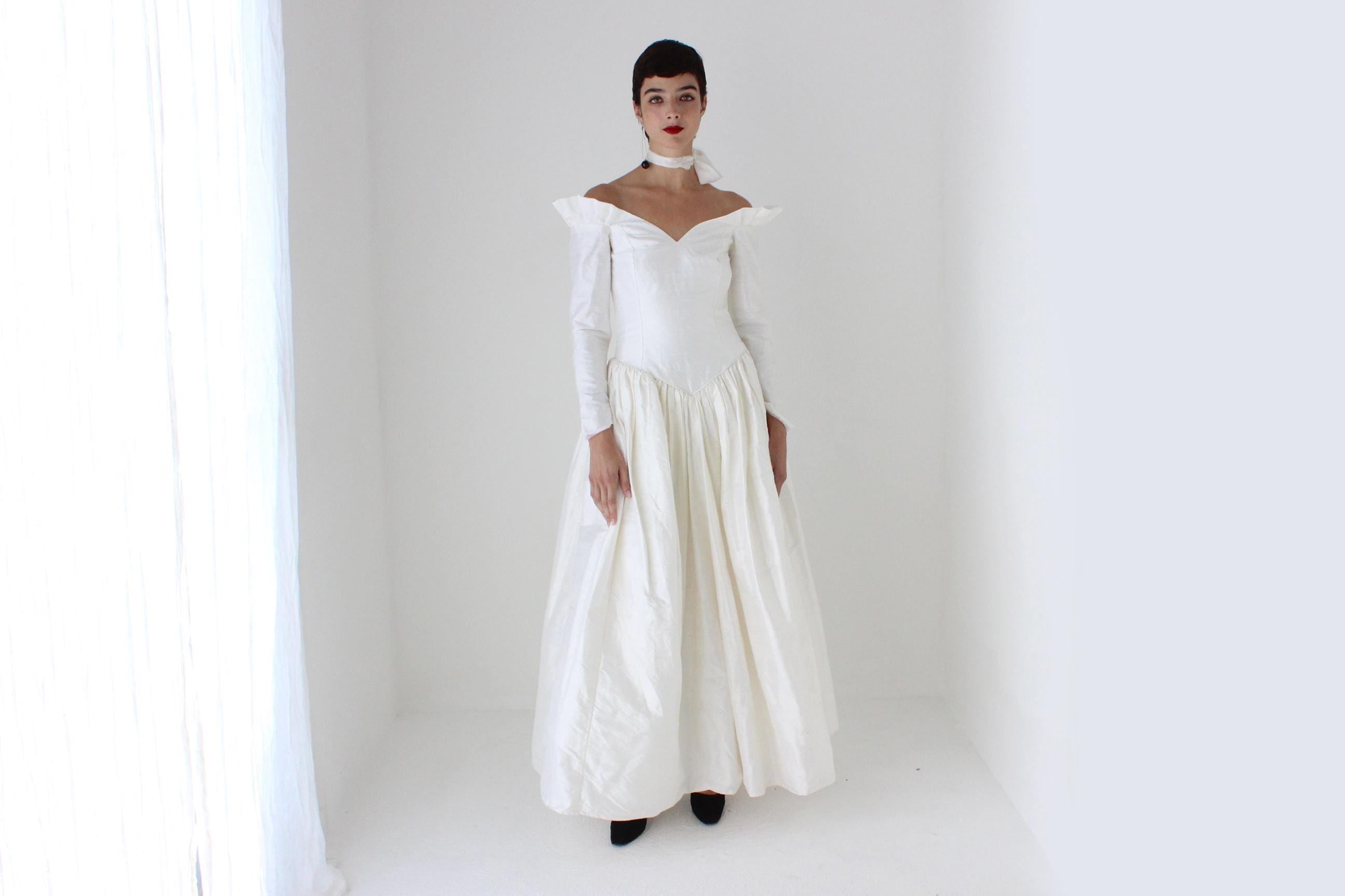 80s Silk Dupion Basque Waist, Off Shoulder, Long Sleeve Wedding Gown