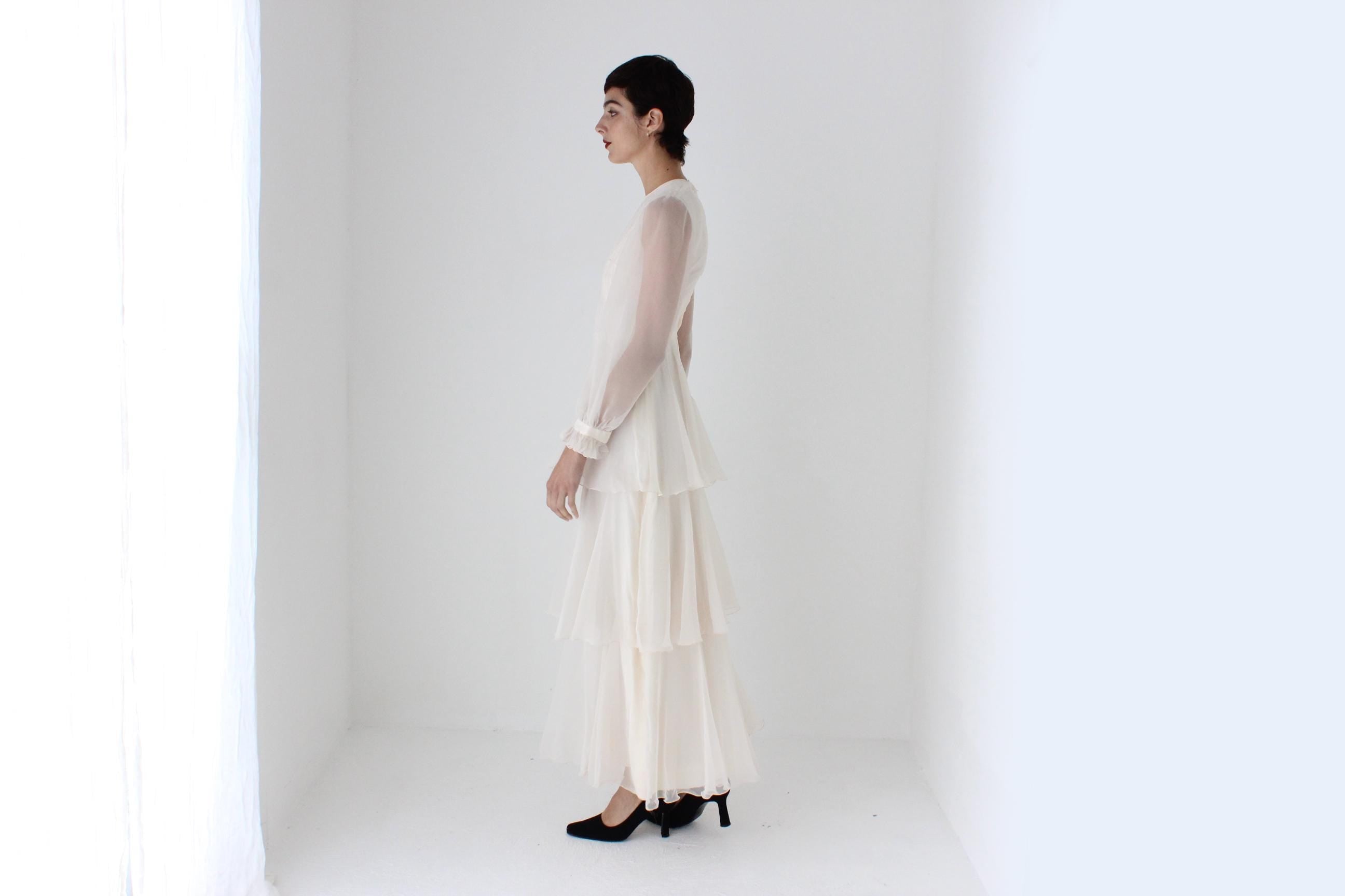Romantic 70s Pastel Chiffon Tiered Ruffle Wedding Dress
