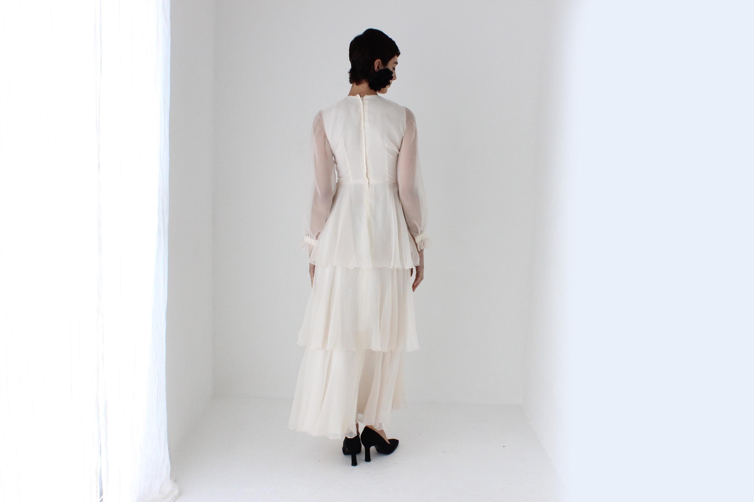 Romantic 70s Pastel Chiffon Tiered Ruffle Wedding Dress