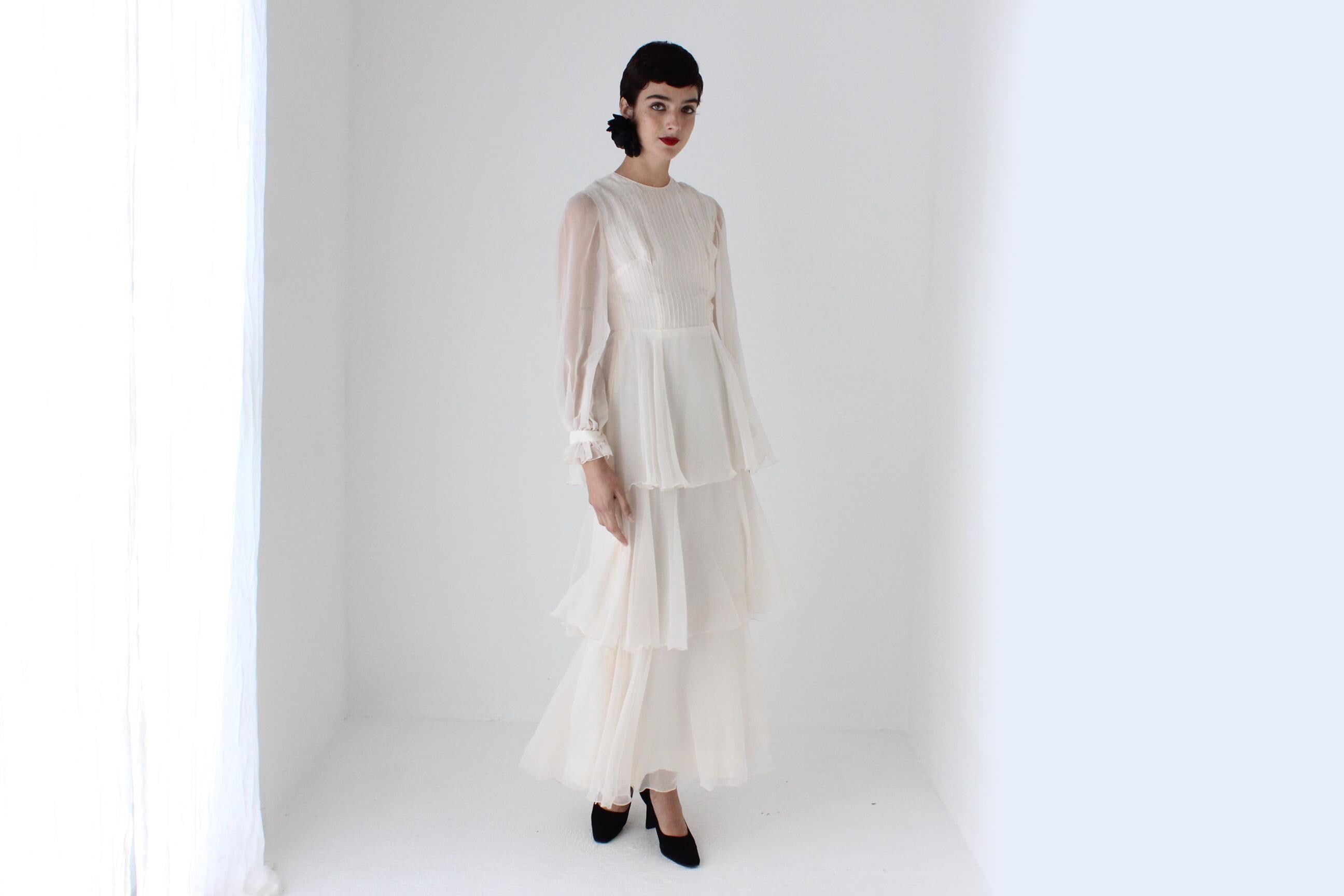 Romantic 70s Pastel Chiffon Tiered Ruffle Wedding Dress