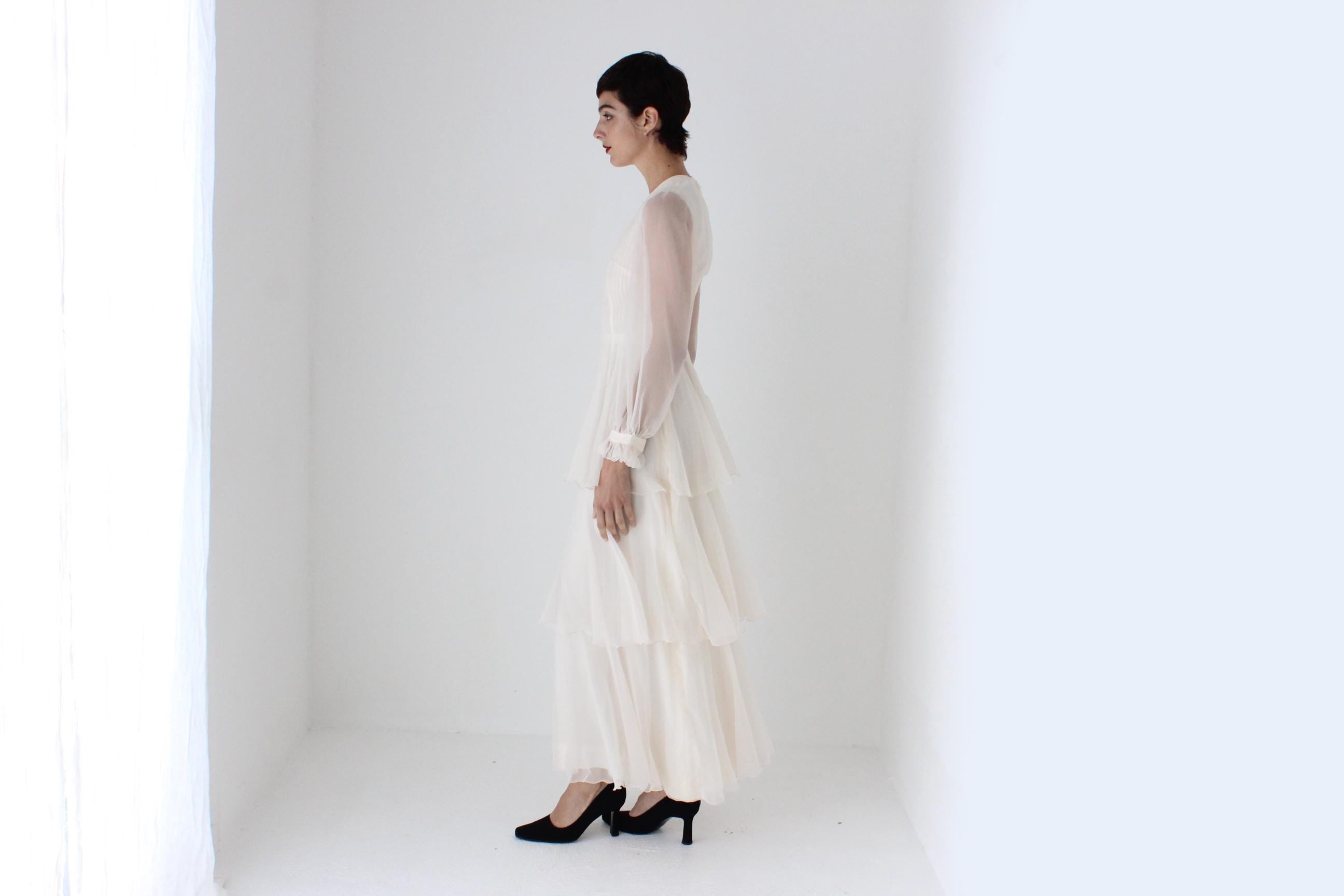 Romantic 70s Pastel Chiffon Tiered Ruffle Wedding Dress