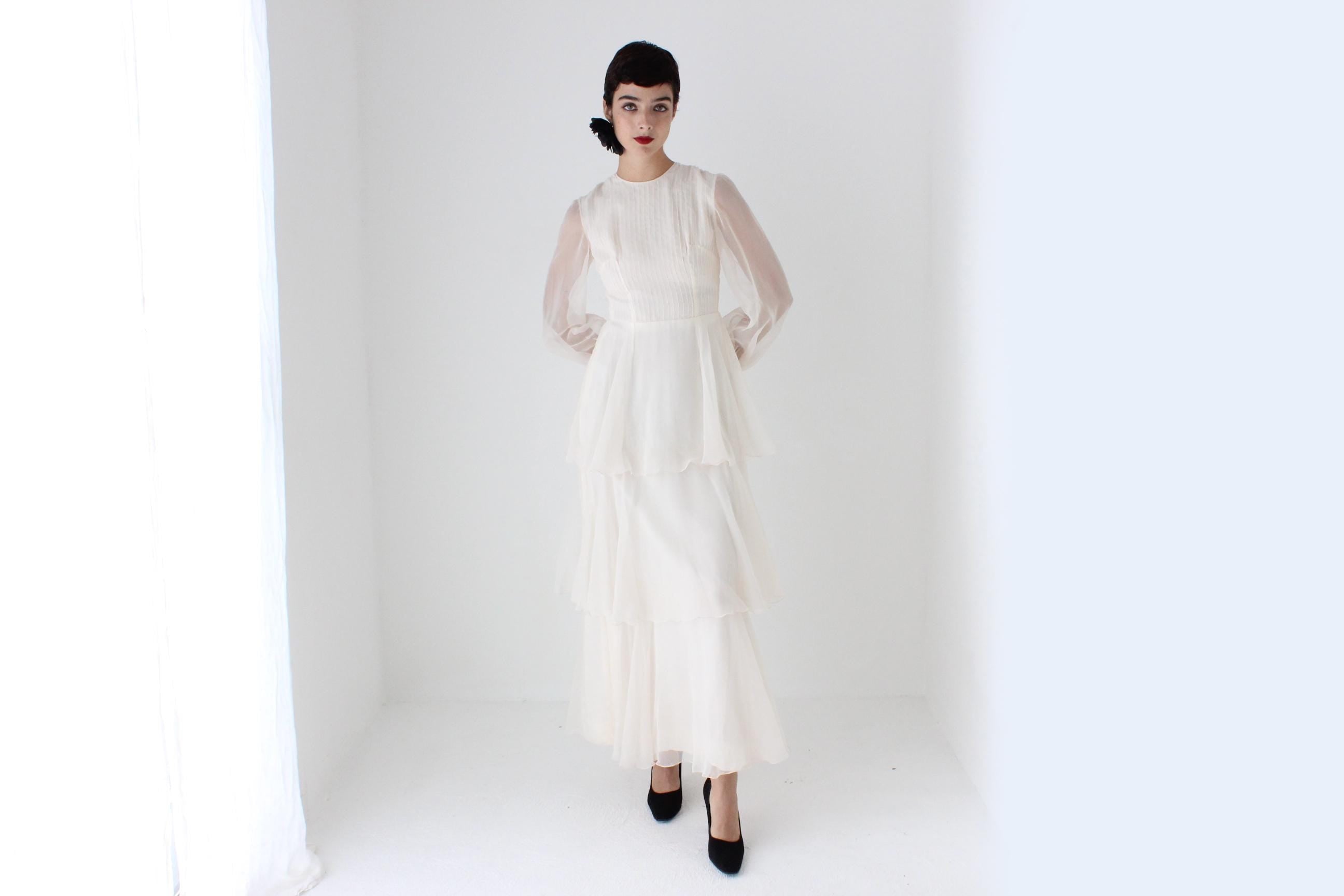 Romantic 70s Pastel Chiffon Tiered Ruffle Wedding Dress