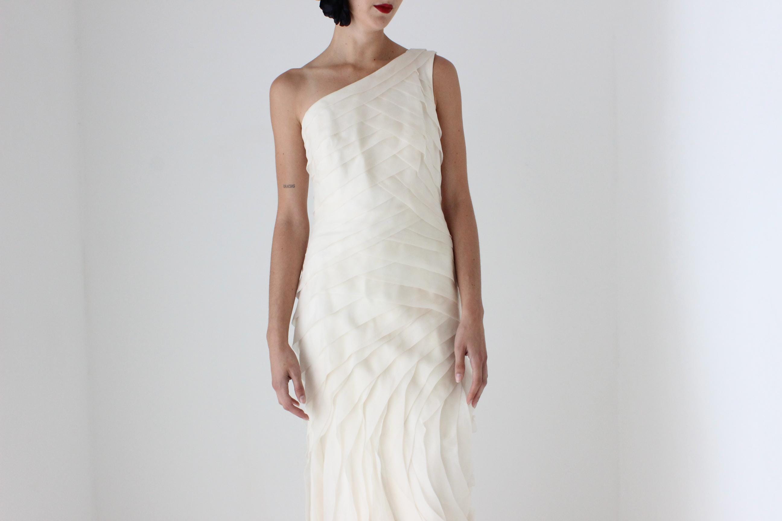 RESERVED — 2000s Textural Pastel Silk Organza Asymmetric One Shoulder Gown