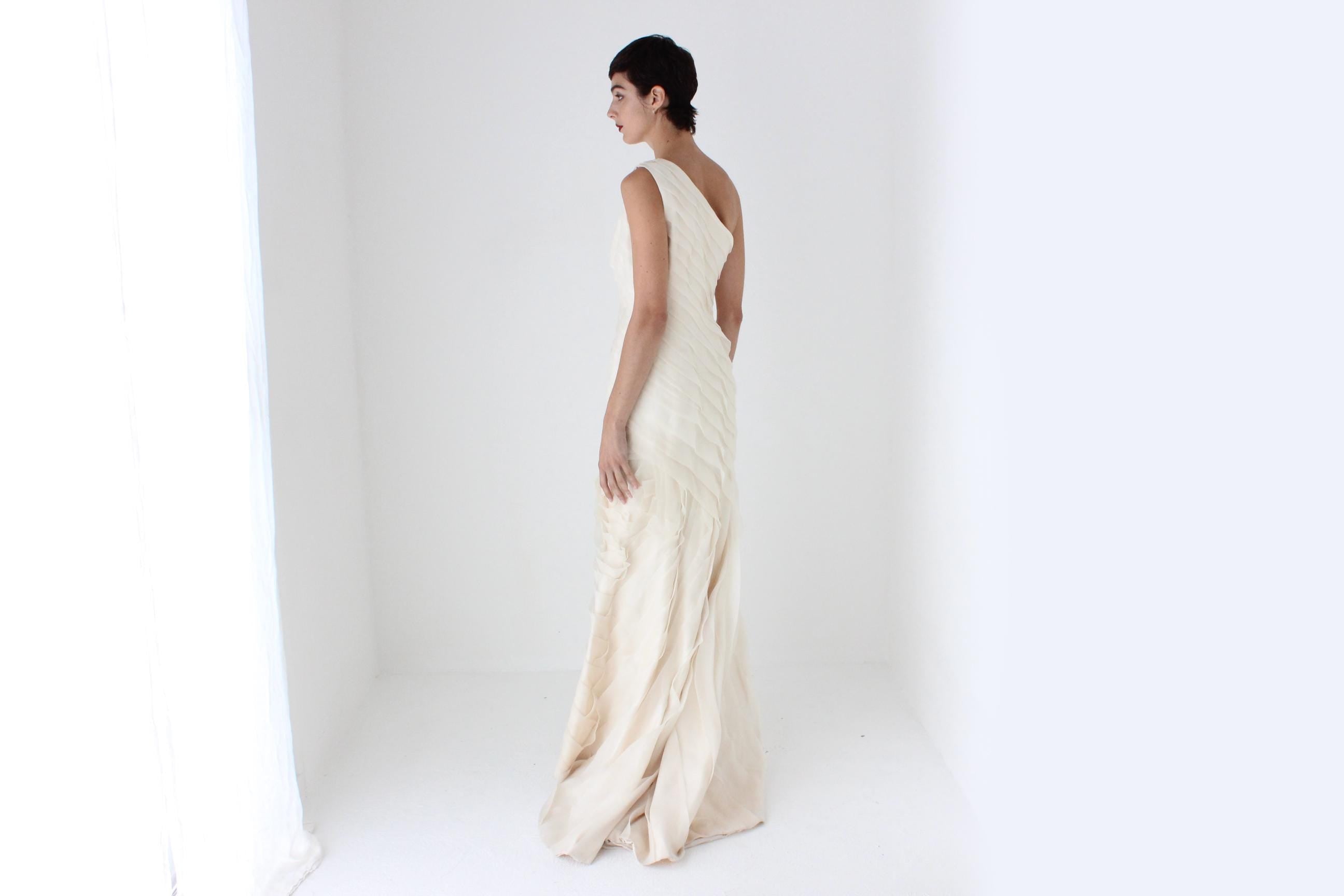 RESERVED — 2000s Textural Pastel Silk Organza Asymmetric One Shoulder Gown
