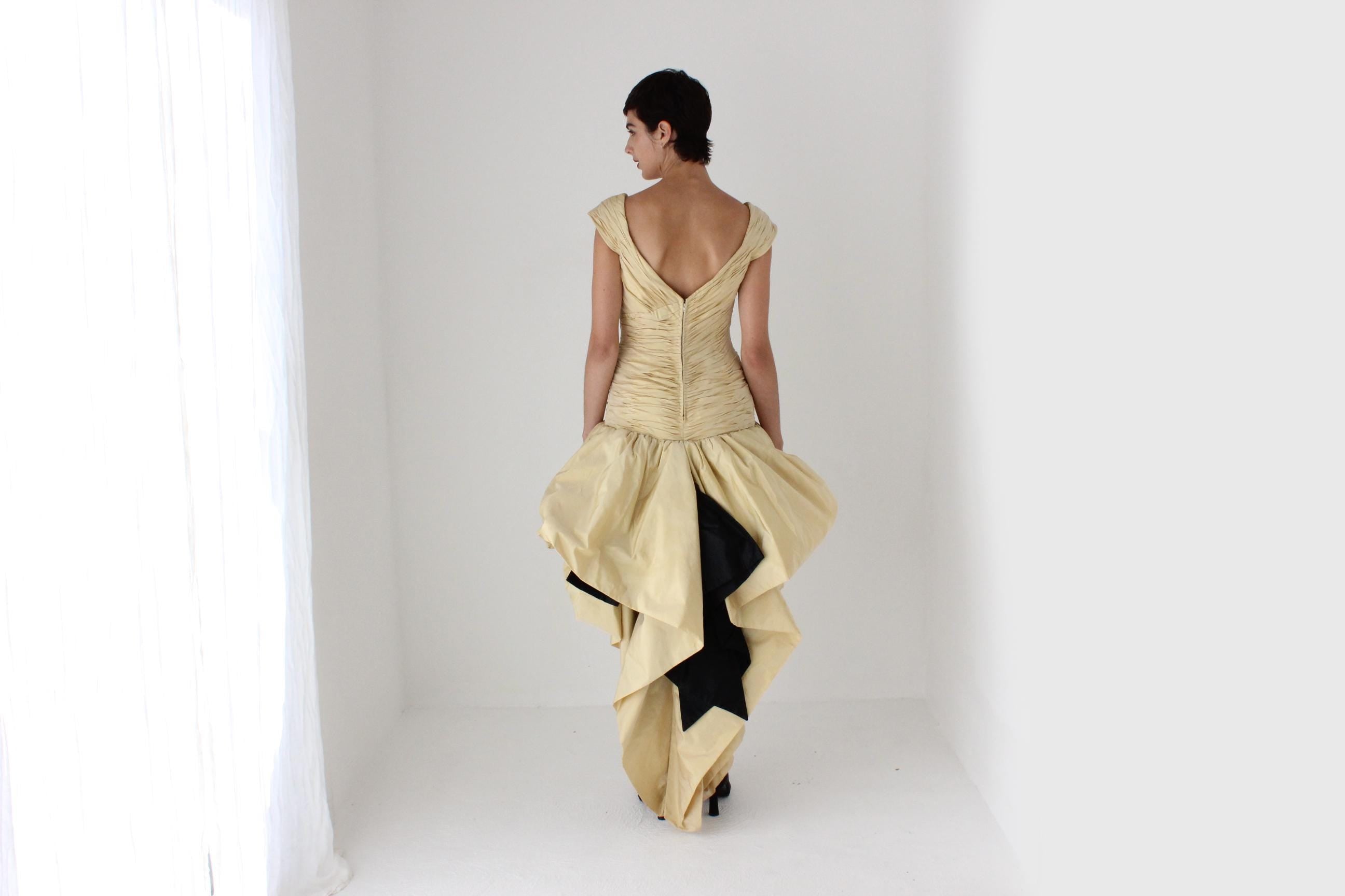 80s LORIS AZZARO Paris Silk Taffeta Drop Waist Puff Dress w/ Silk Flower