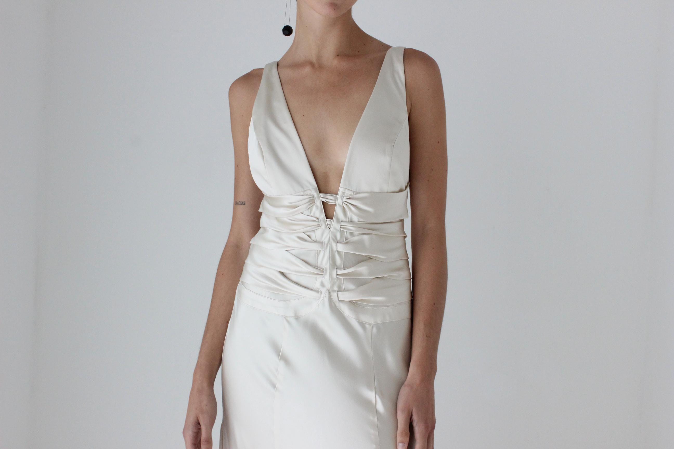 90s Oyster Liquid Silk Plunge Neck Gown w/ 'Ribcage' Ribbons & Train