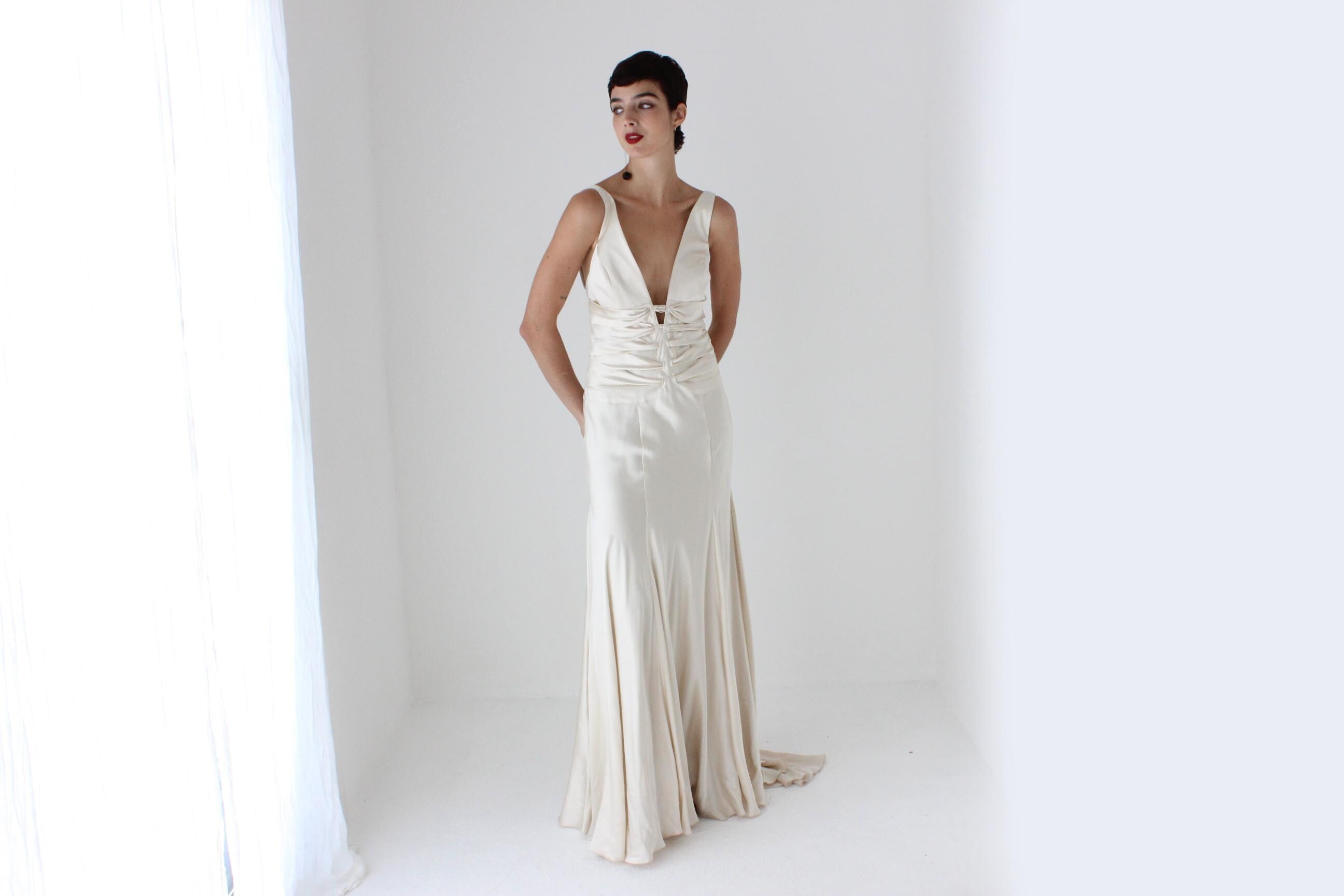 90s Oyster Liquid Silk Plunge Neck Gown w/ 'Ribcage' Ribbons & Train