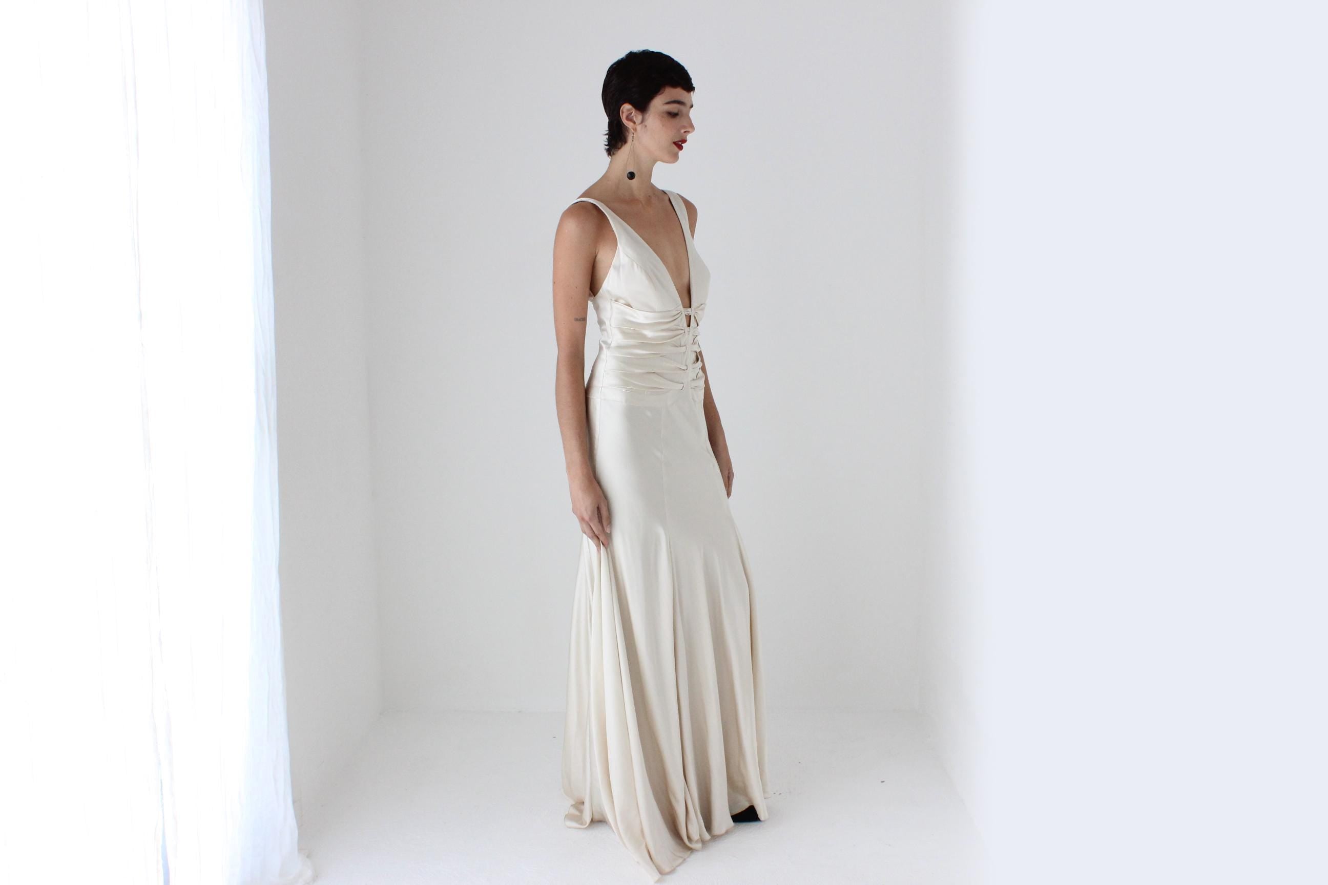 90s Oyster Liquid Silk Plunge Neck Gown w/ 'Ribcage' Ribbons & Train
