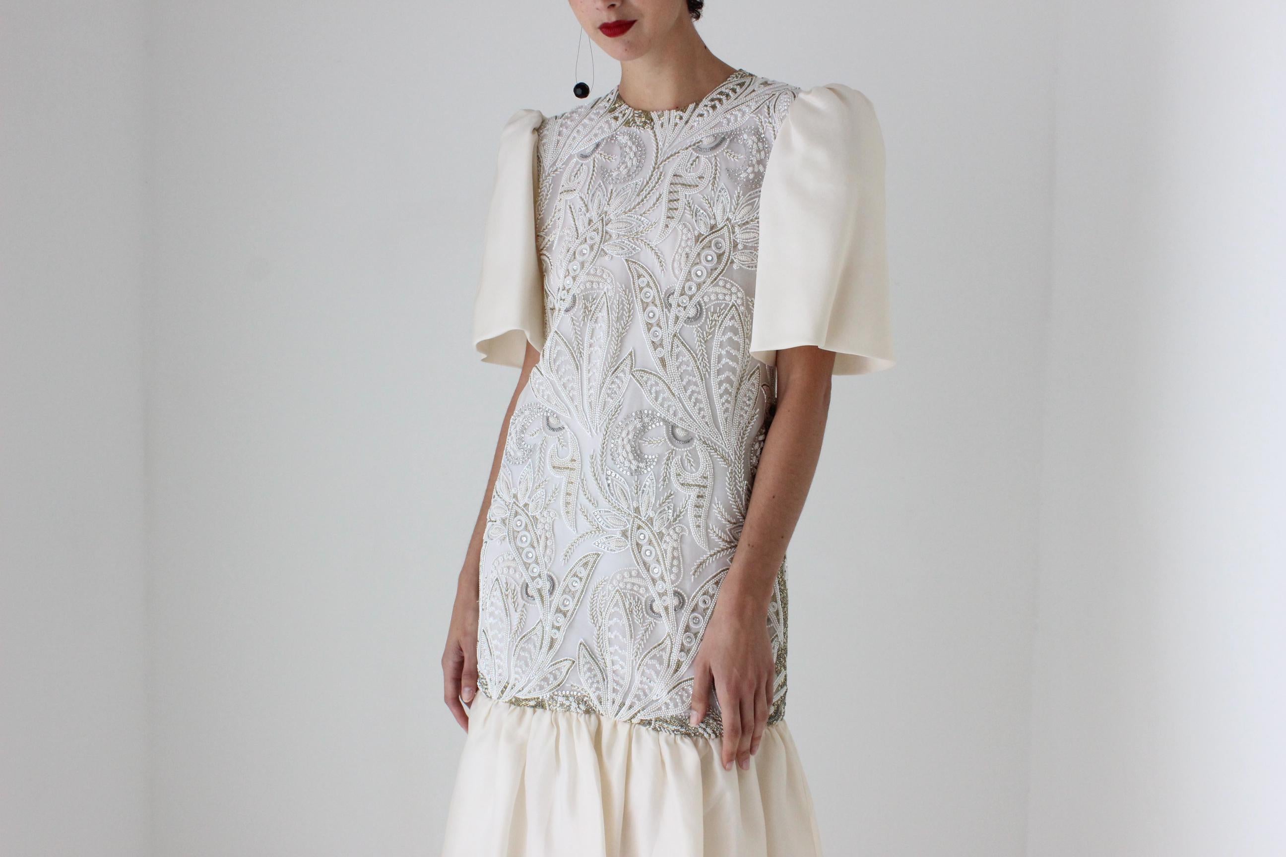 80s Mary McFadden Couture Silk Beaded Puff Sleeve / Bubble Dress