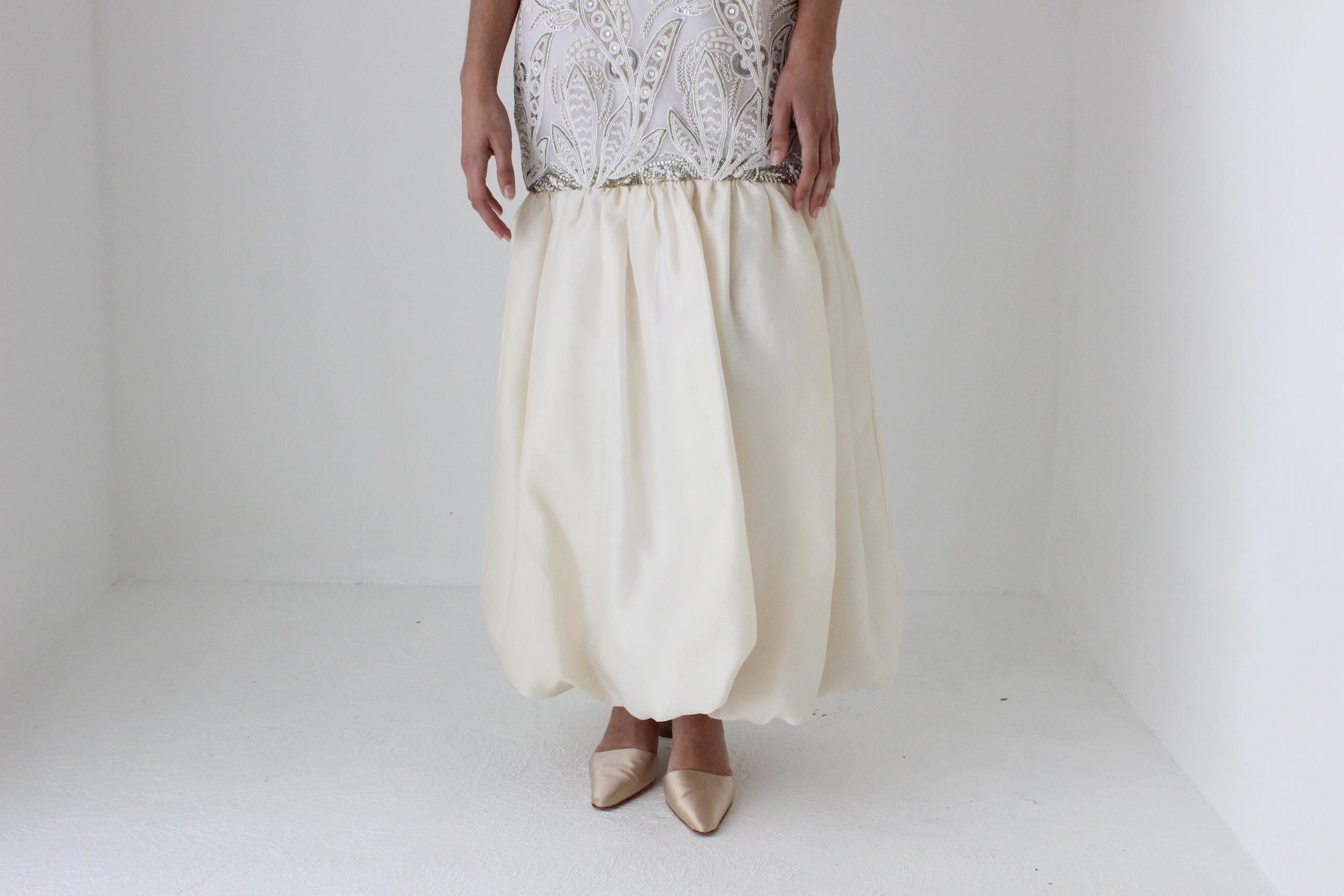 80s Mary McFadden Couture Silk Beaded Puff Sleeve / Bubble Dress