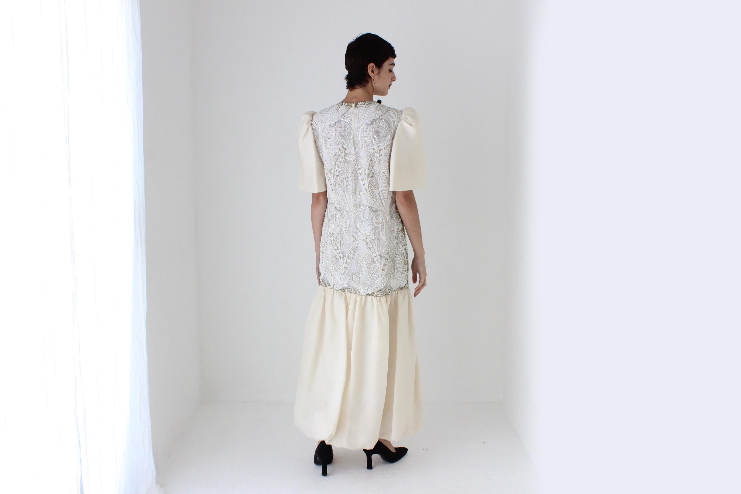 80s Mary McFadden Couture Silk Beaded Puff Sleeve / Bubble Dress