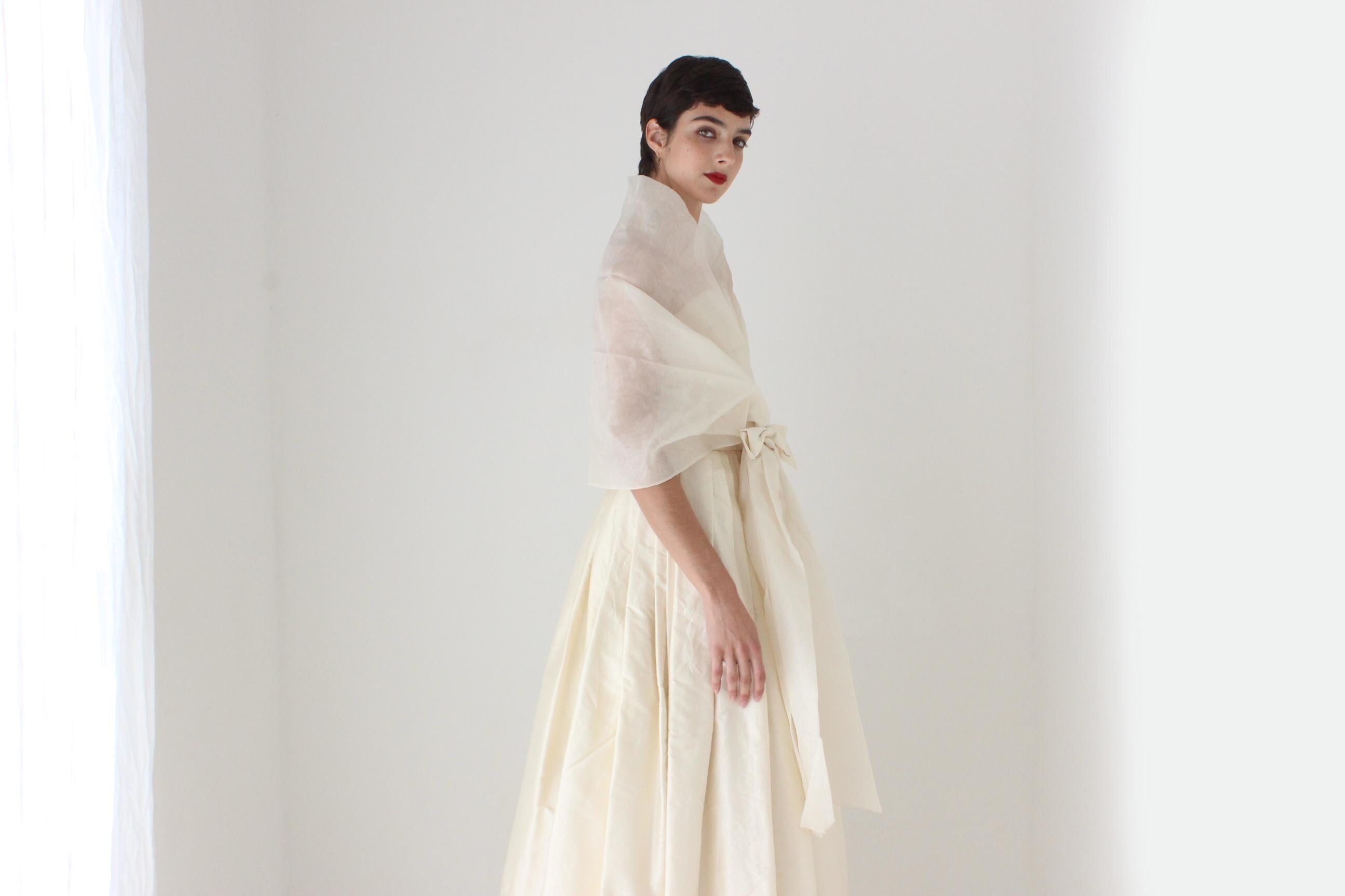 Sublime 90s Silk Taffeta Strapless Bridal Gown w/ Organza Shawl