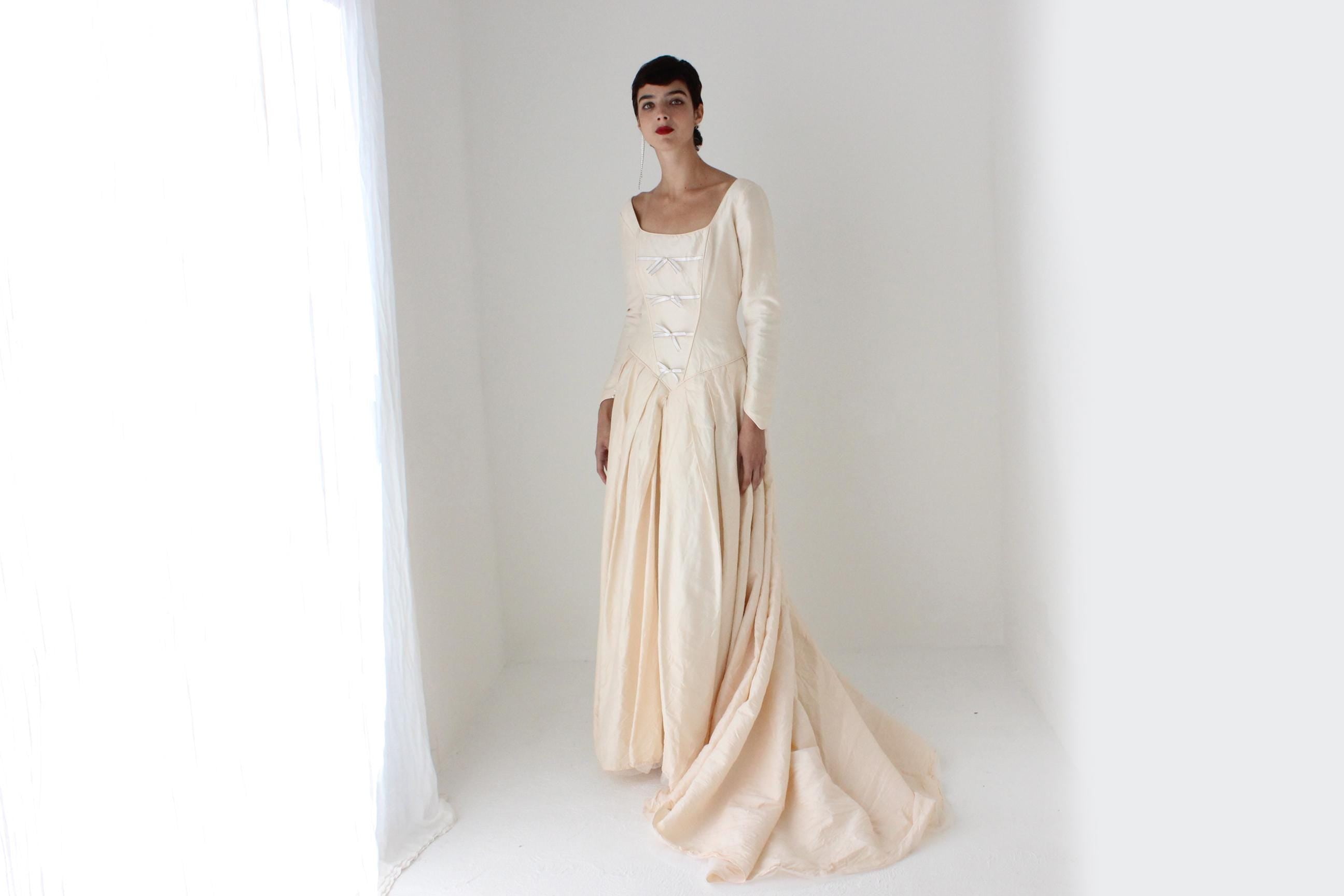 90s Pure Silk Renaissance Bride Basque Waist & Bow Corset Gown
