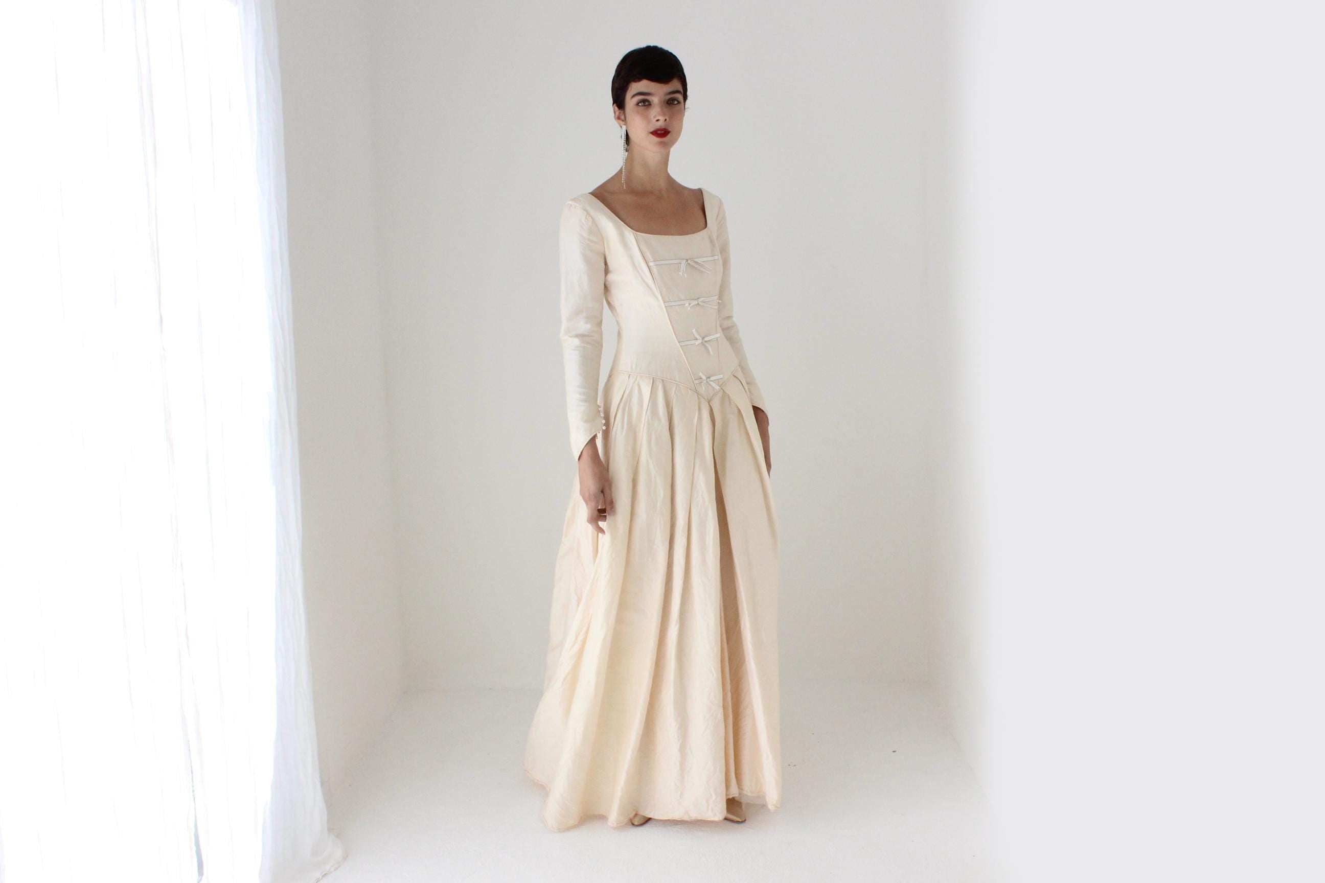 90s Pure Silk Renaissance Bride Basque Waist & Bow Corset Gown