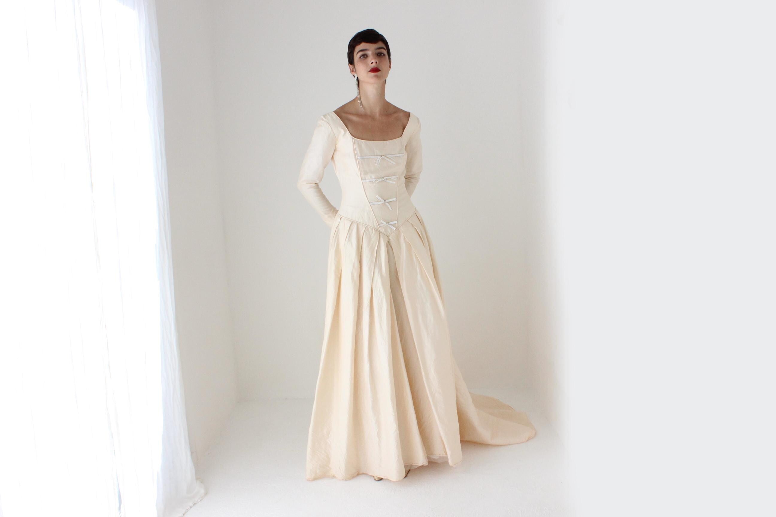 90s Pure Silk Renaissance Bride Basque Waist & Bow Corset Gown