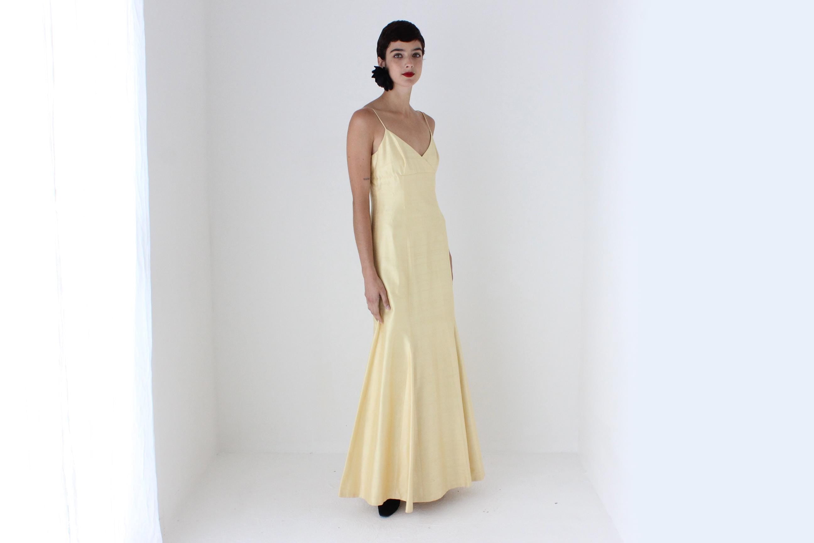 2000s Jenny Yoo Raw Silk Yellow Spaghetti Strap Gown