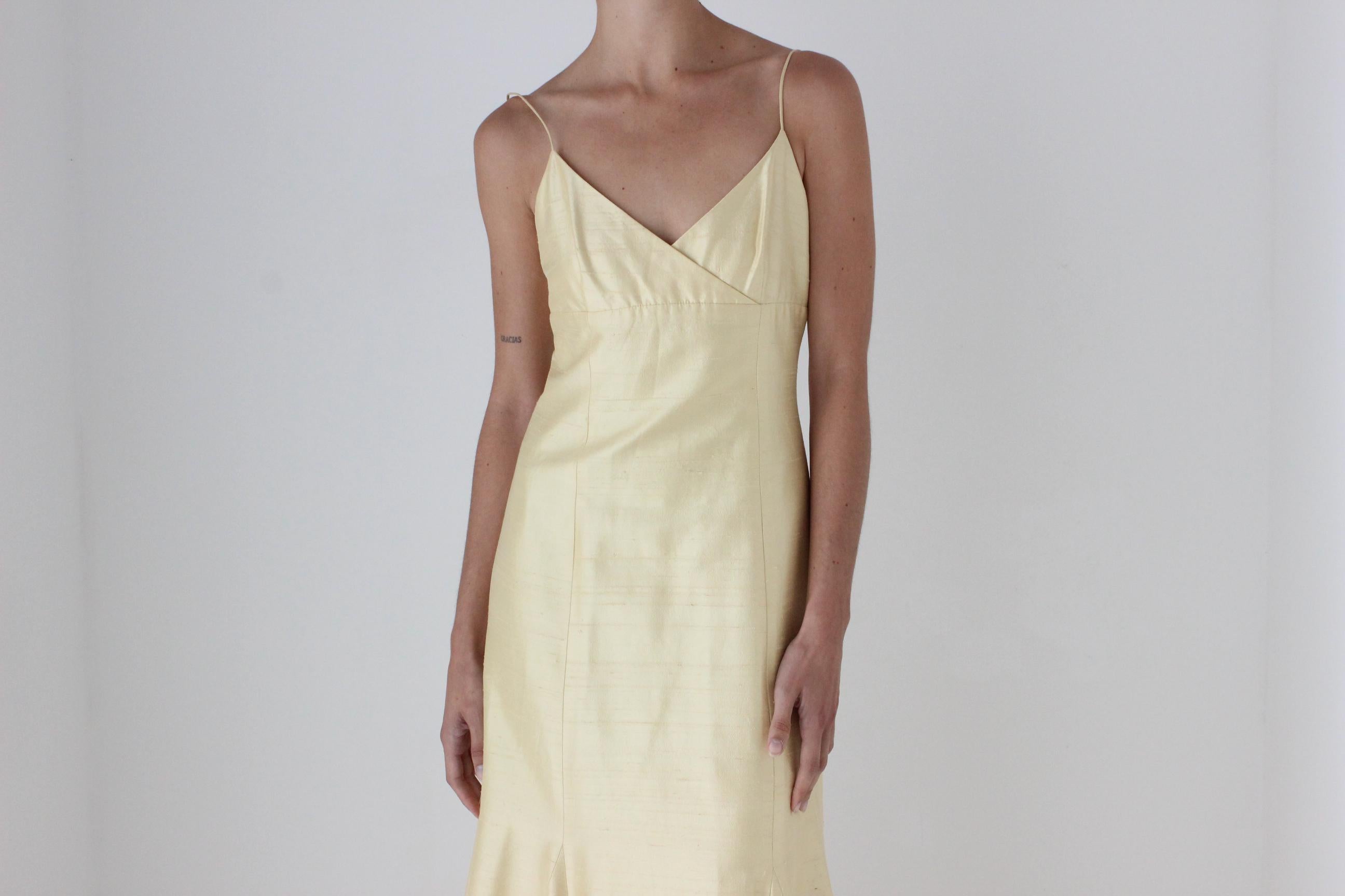 2000s Jenny Yoo Raw Silk Yellow Spaghetti Strap Gown