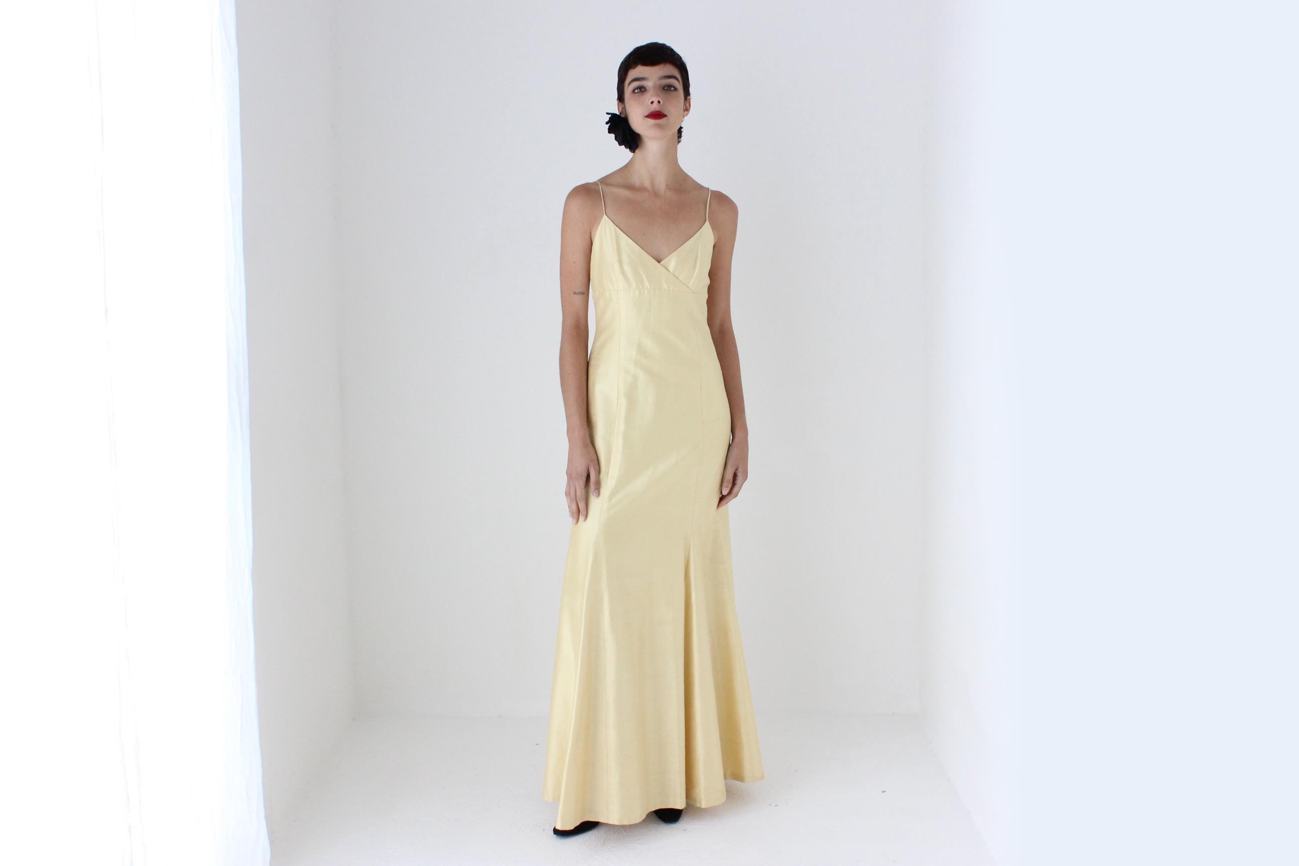 2000s Jenny Yoo Raw Silk Yellow Spaghetti Strap Gown