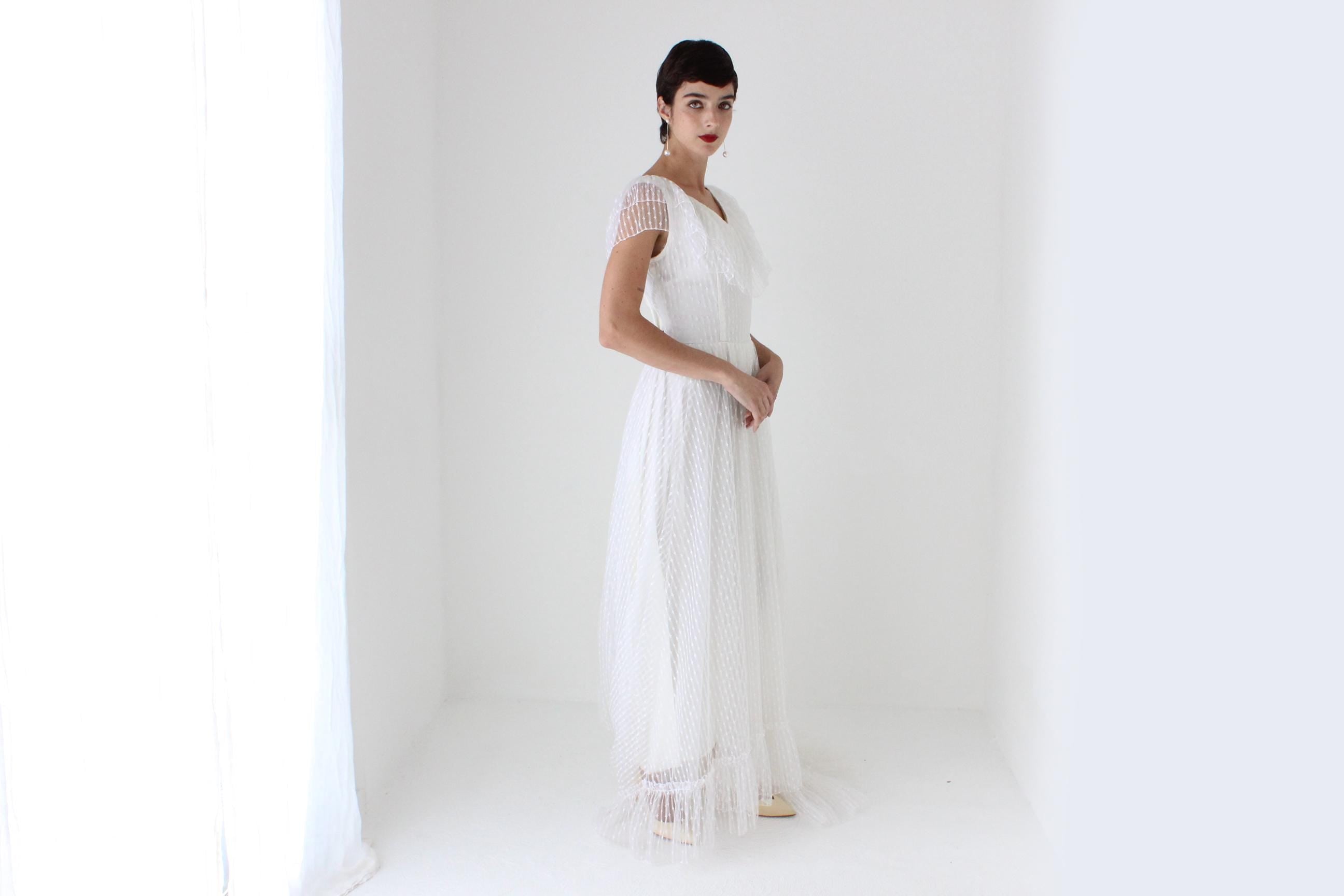 Romantic 70s Lace Flutter Ruffle Wedding Gown w/ Train