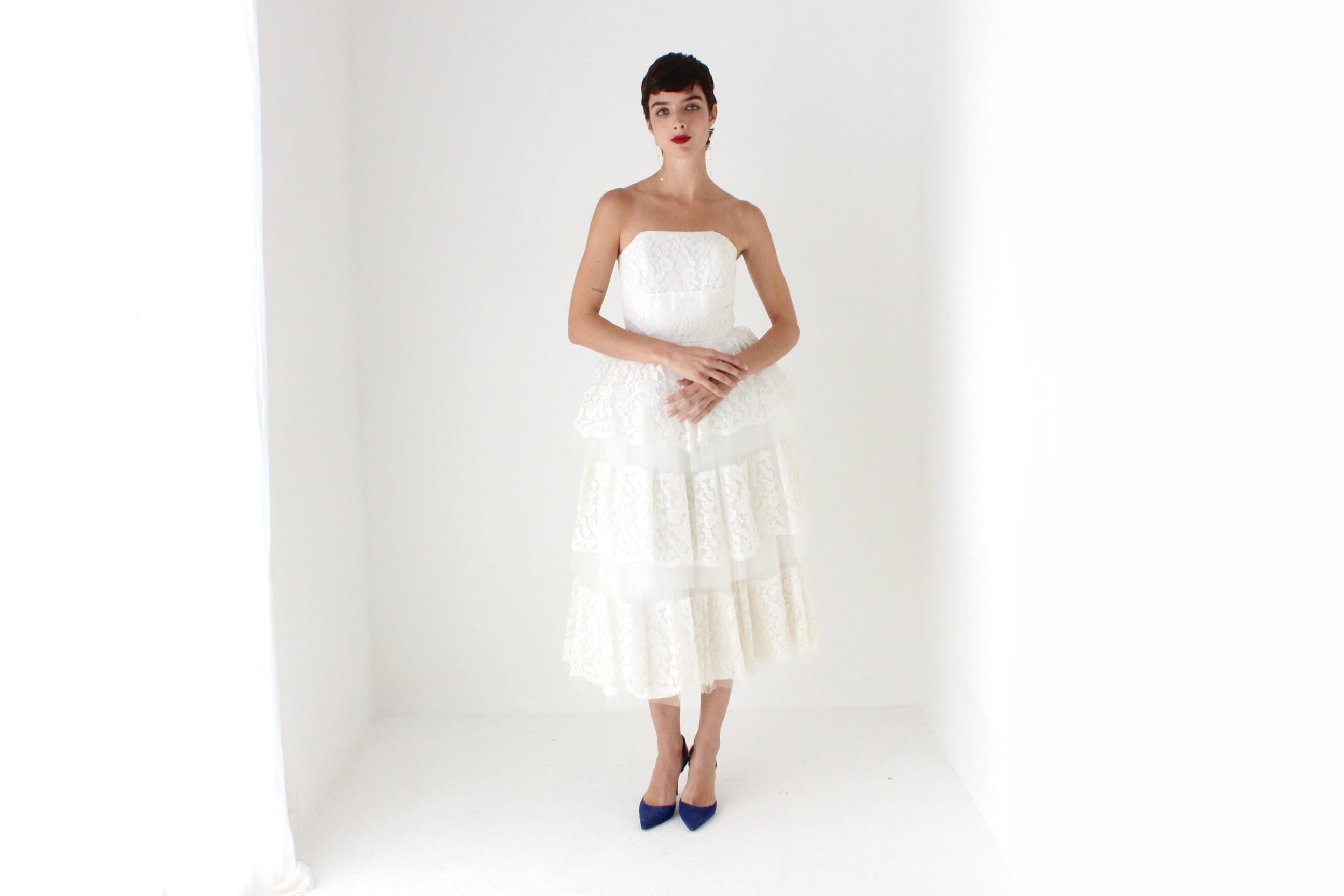 50s Tiered Lace & Tulle Sculptural Strapless Dress