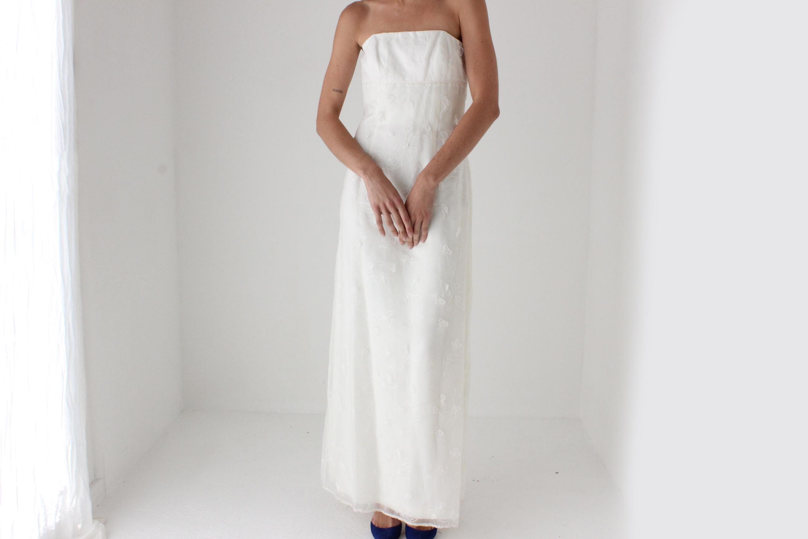 2000s Nicole Miller Silk Organza Strapless Column Gown w/ 3D Flowers