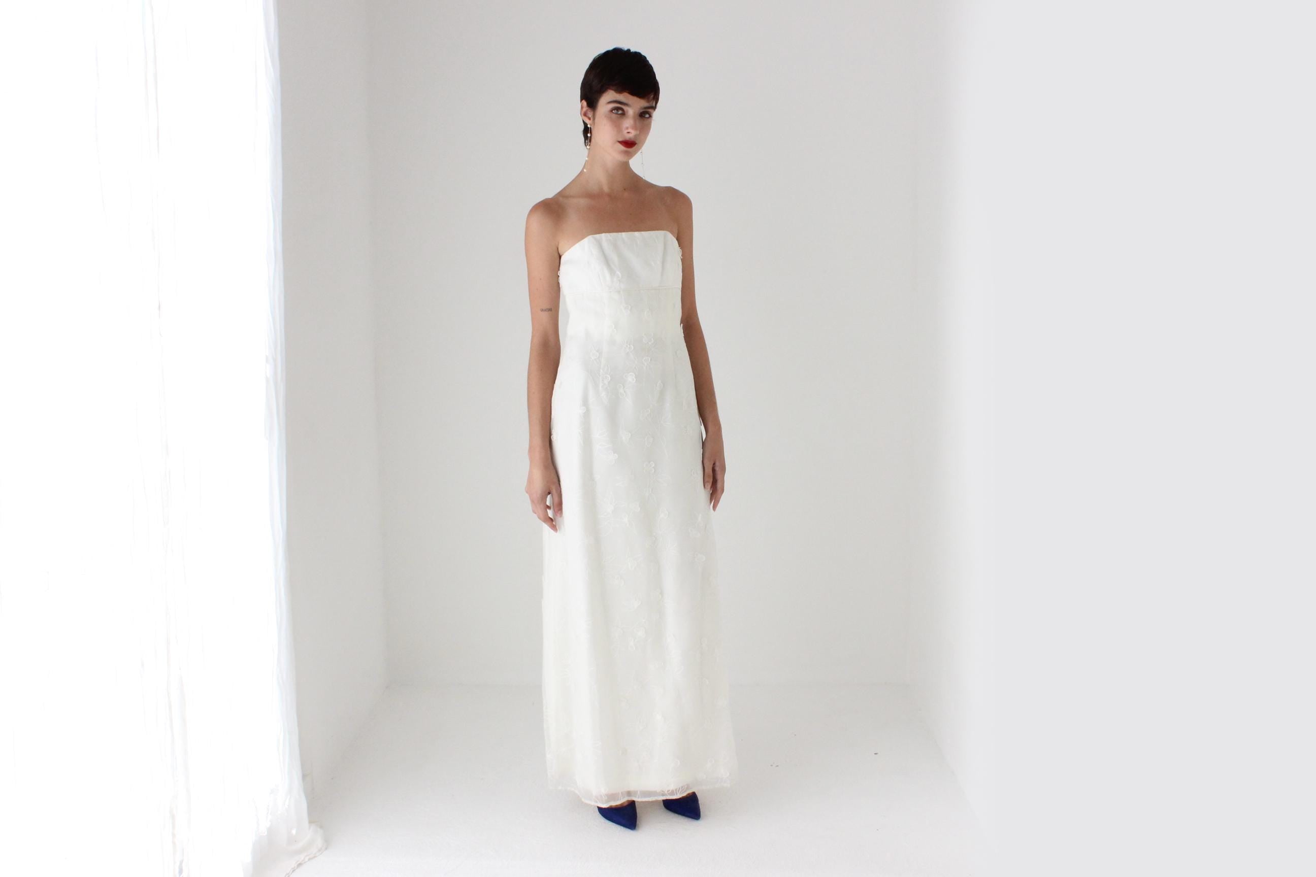 2000s Nicole Miller Silk Organza Strapless Column Gown w/ 3D Flowers
