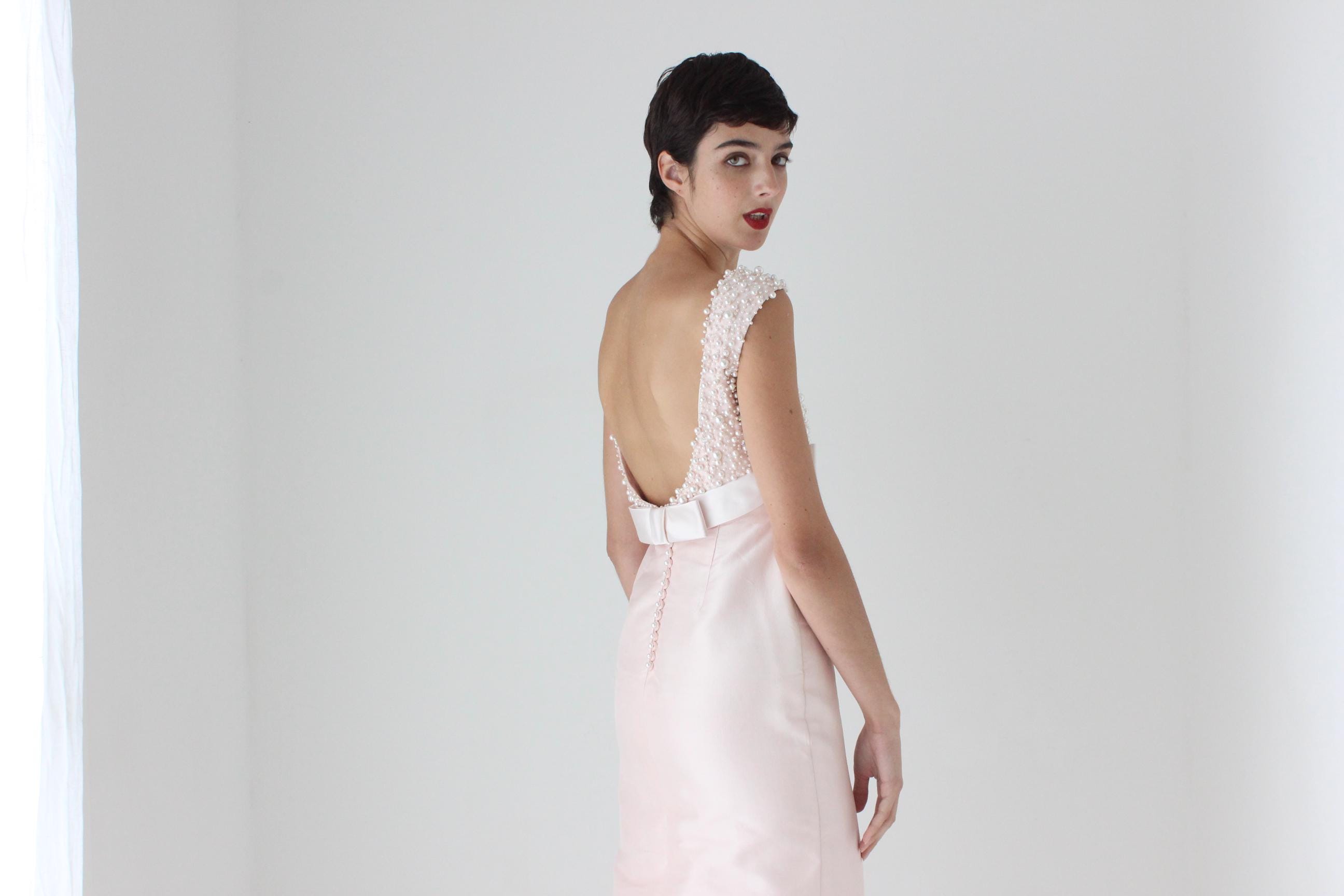 Custom 90s Thai Silk, Pearl & Swarovski Pastel Pink Wedding Gown w/ 10m Veil + Train