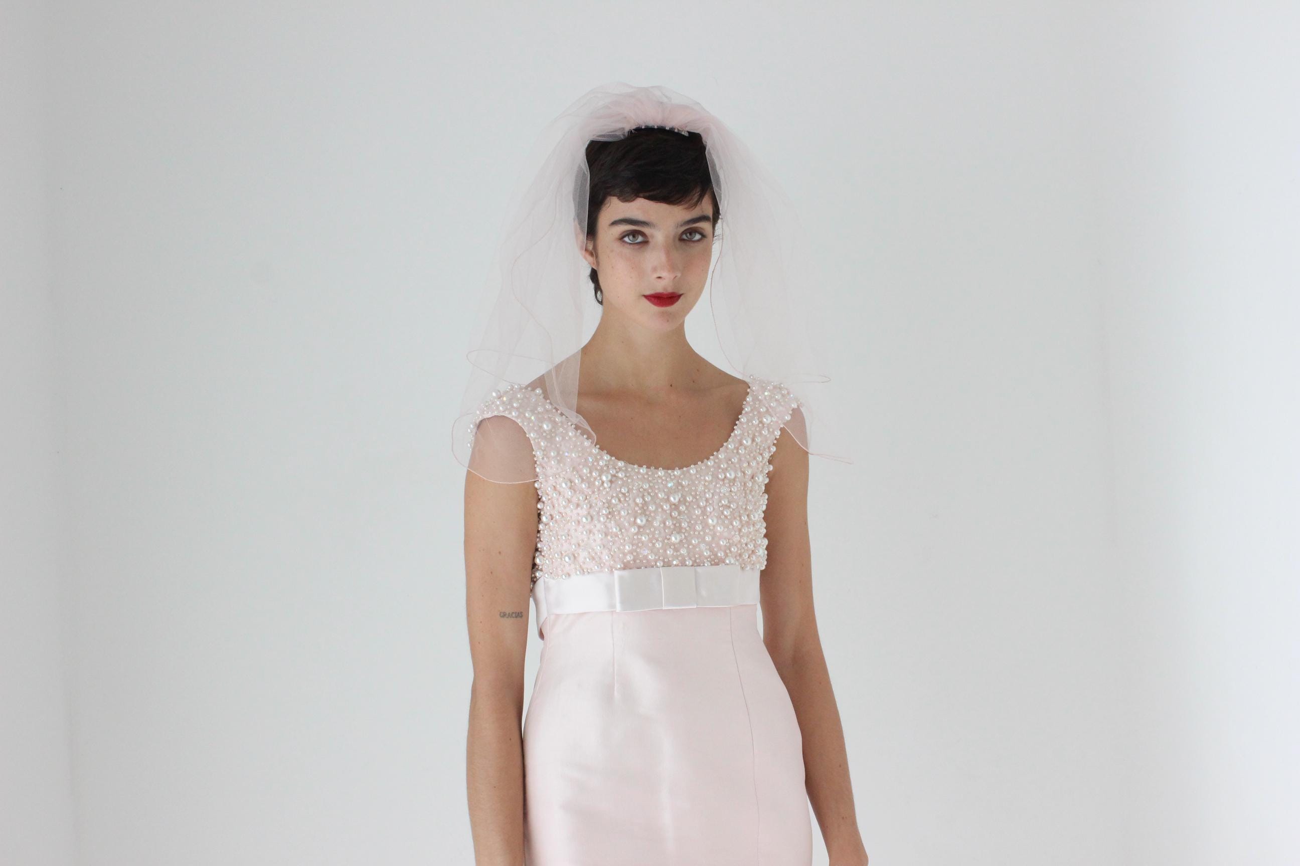 Custom 90s Thai Silk, Pearl & Swarovski Pastel Pink Wedding Gown w/ 10m Veil + Train
