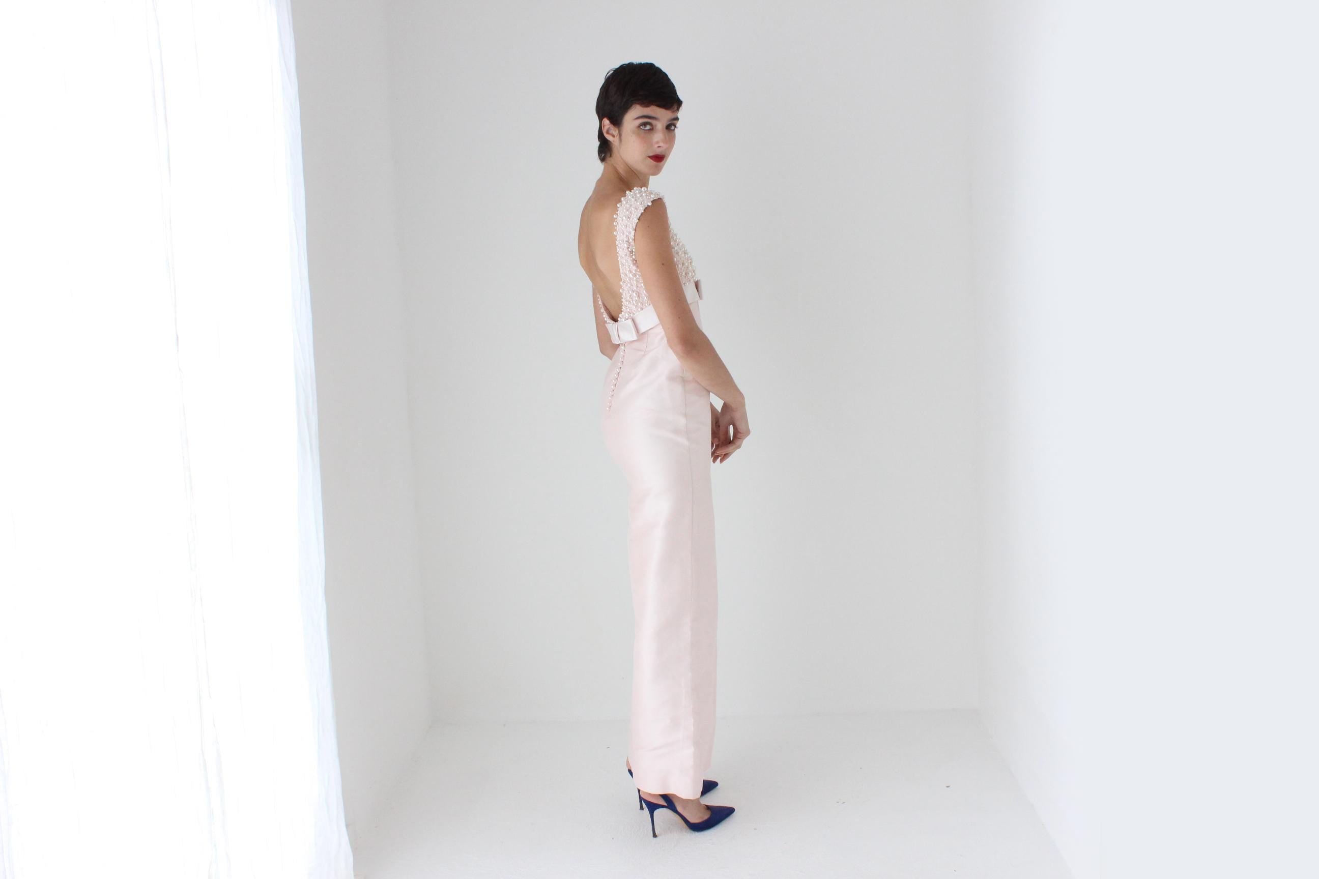 Custom 90s Thai Silk, Pearl & Swarovski Pastel Pink Wedding Gown w/ 10m Veil + Train