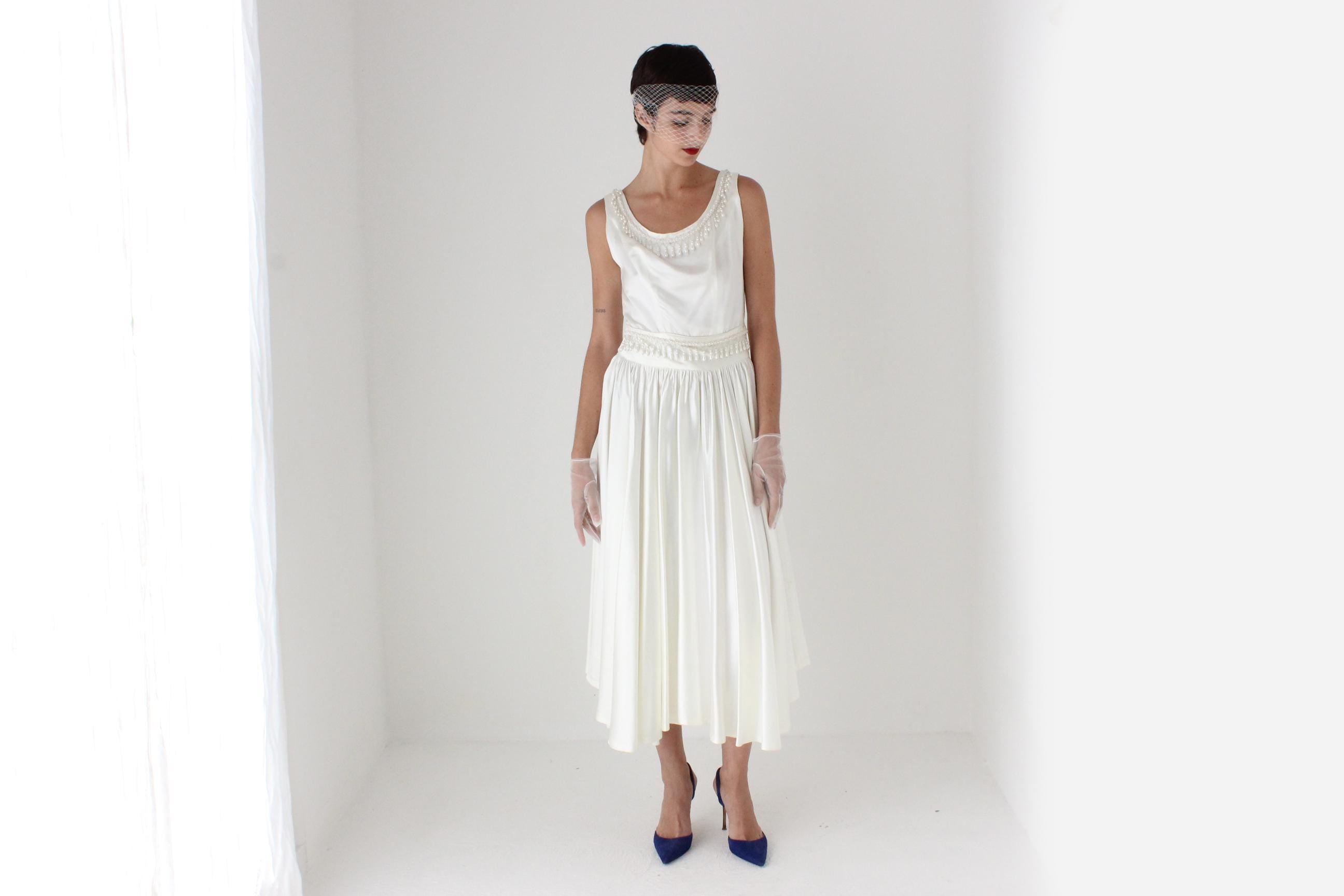 80s Does 50s Satin Full Circle Skirt Dress w/ Pearls