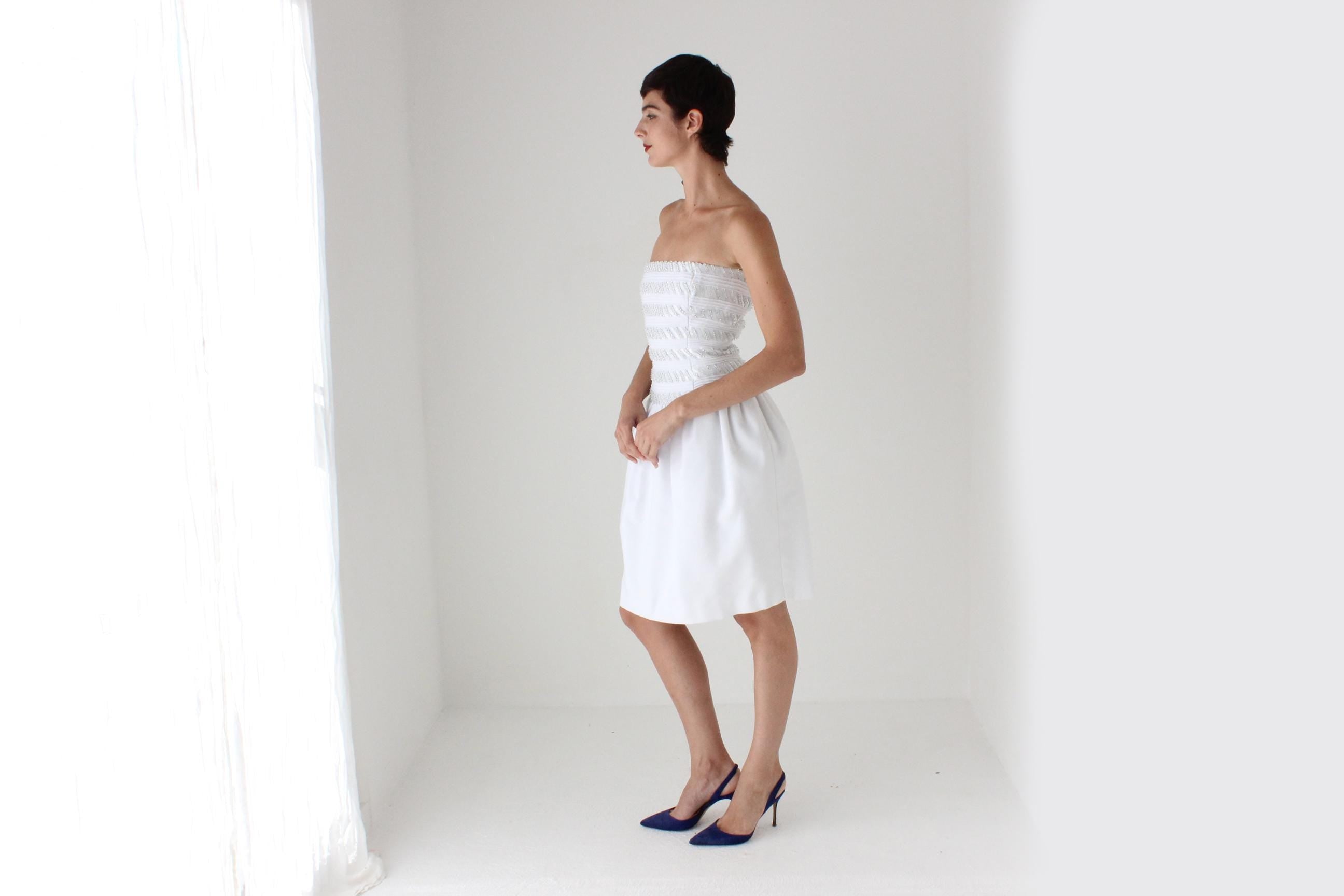 80s Victoria Royal Textured Cotton & Detailed Beading Drop Waist Strapless Cocktail Dress