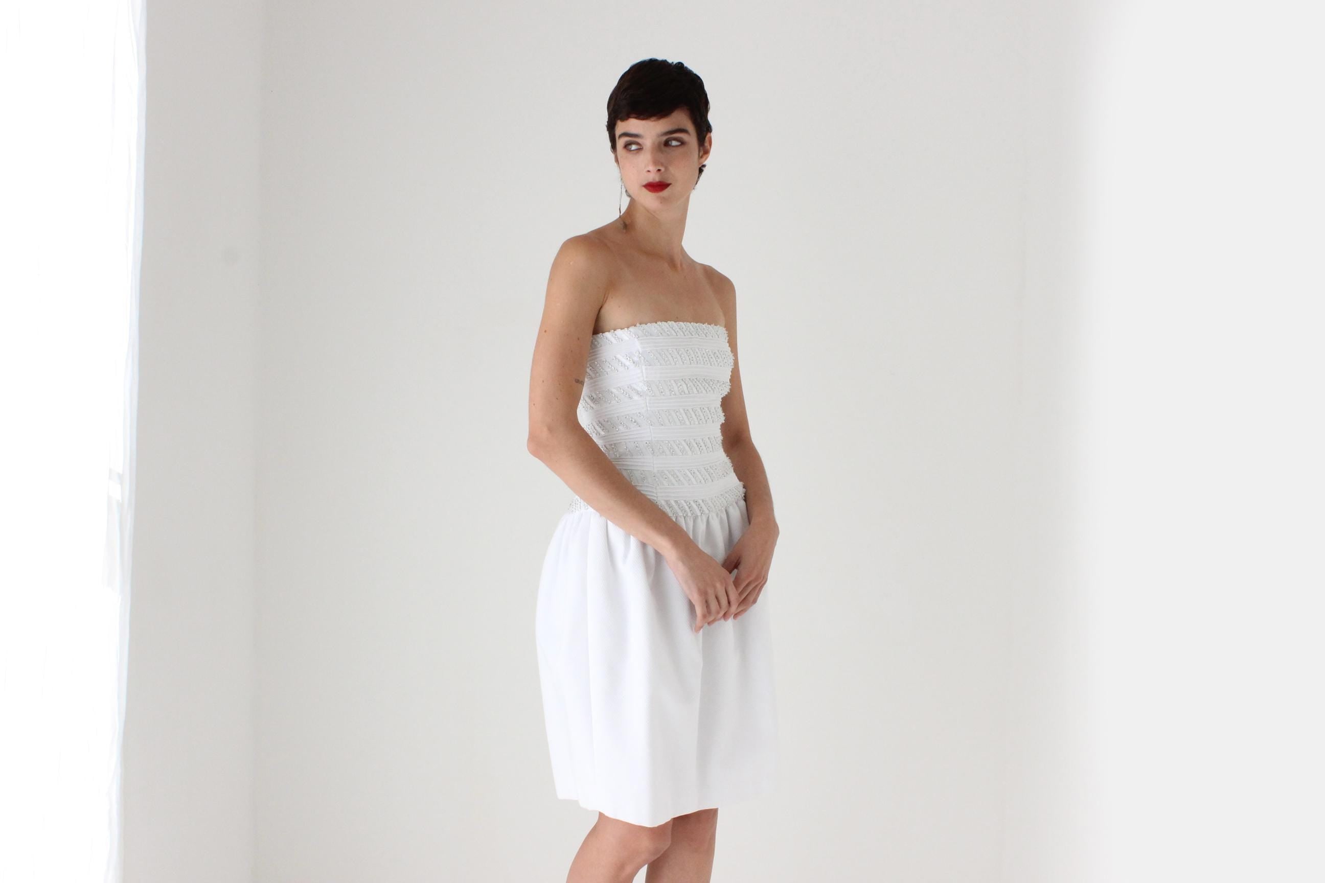 80s Victoria Royal Textured Cotton & Detailed Beading Drop Waist Strapless Cocktail Dress